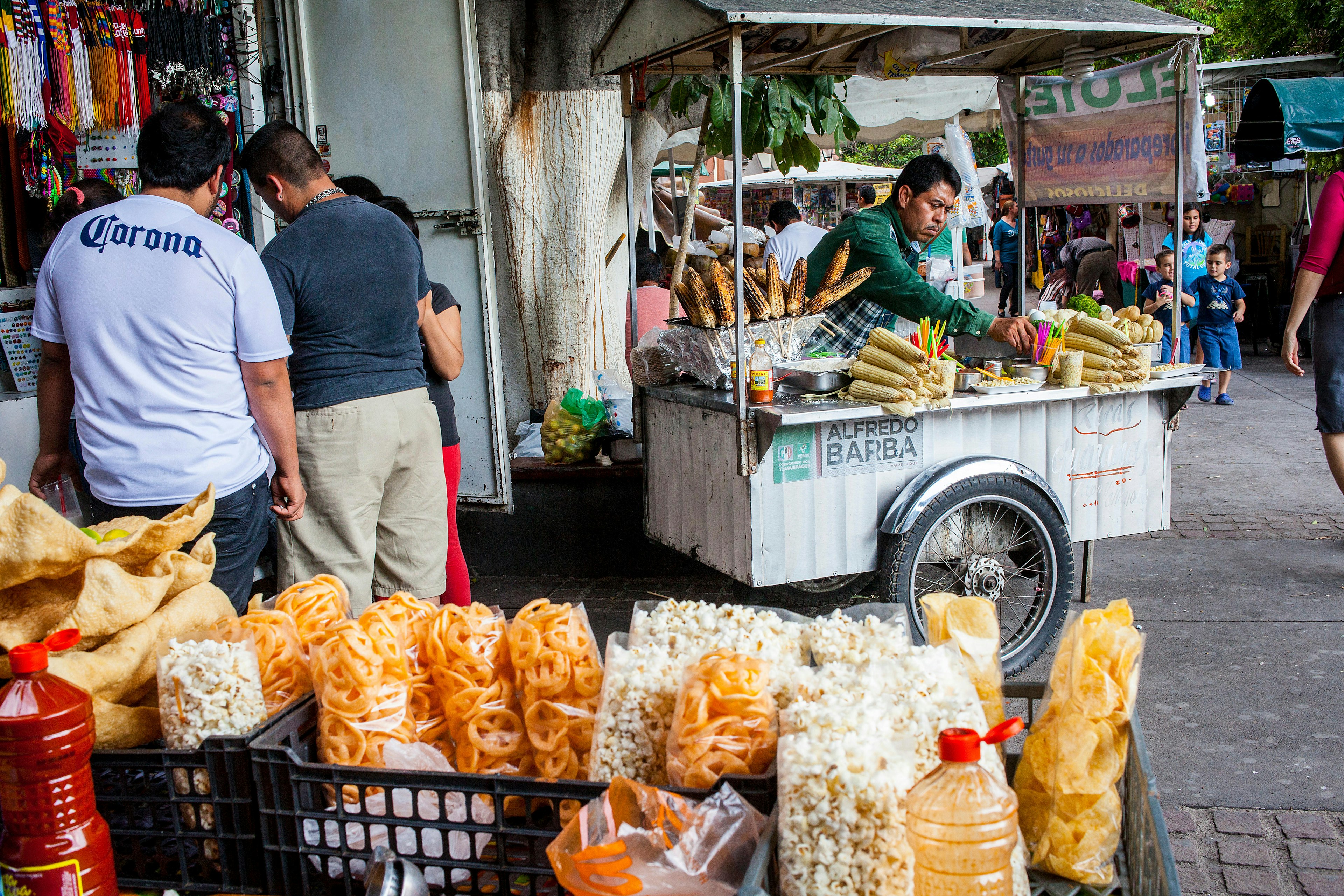 Food stalls selling corn in Hidalgo park (main square) Guadalajara, Mexico