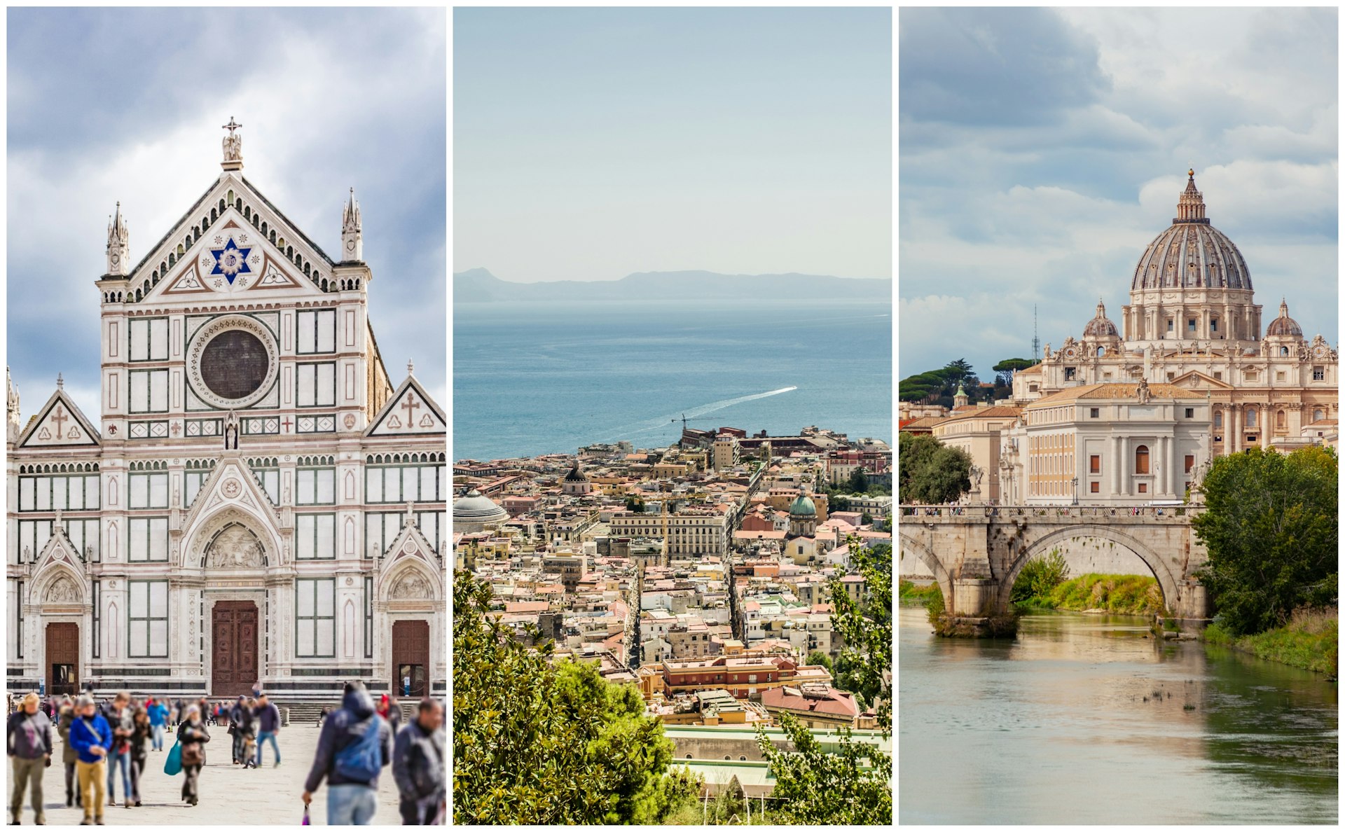 Left: facade of a church; center: a red-roofed city by the sea; right: an ornate domed church near a river