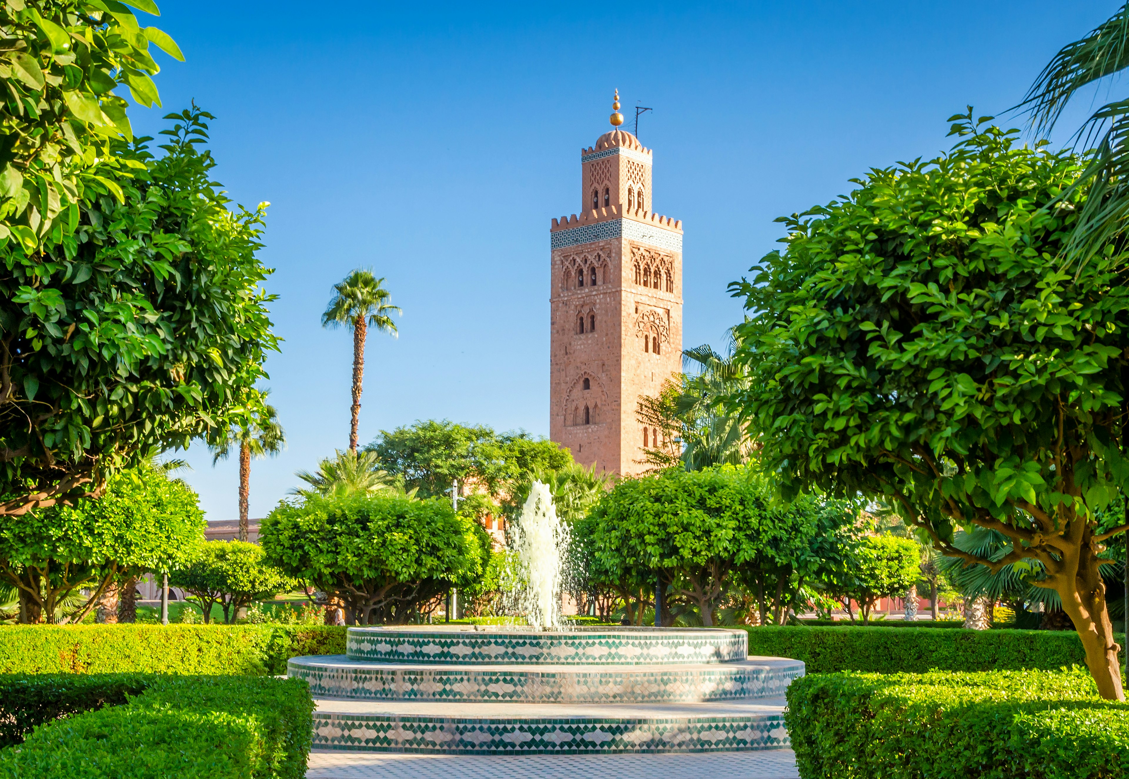 Fountain and park in front of Koutoubia Mosque, Marrakesh