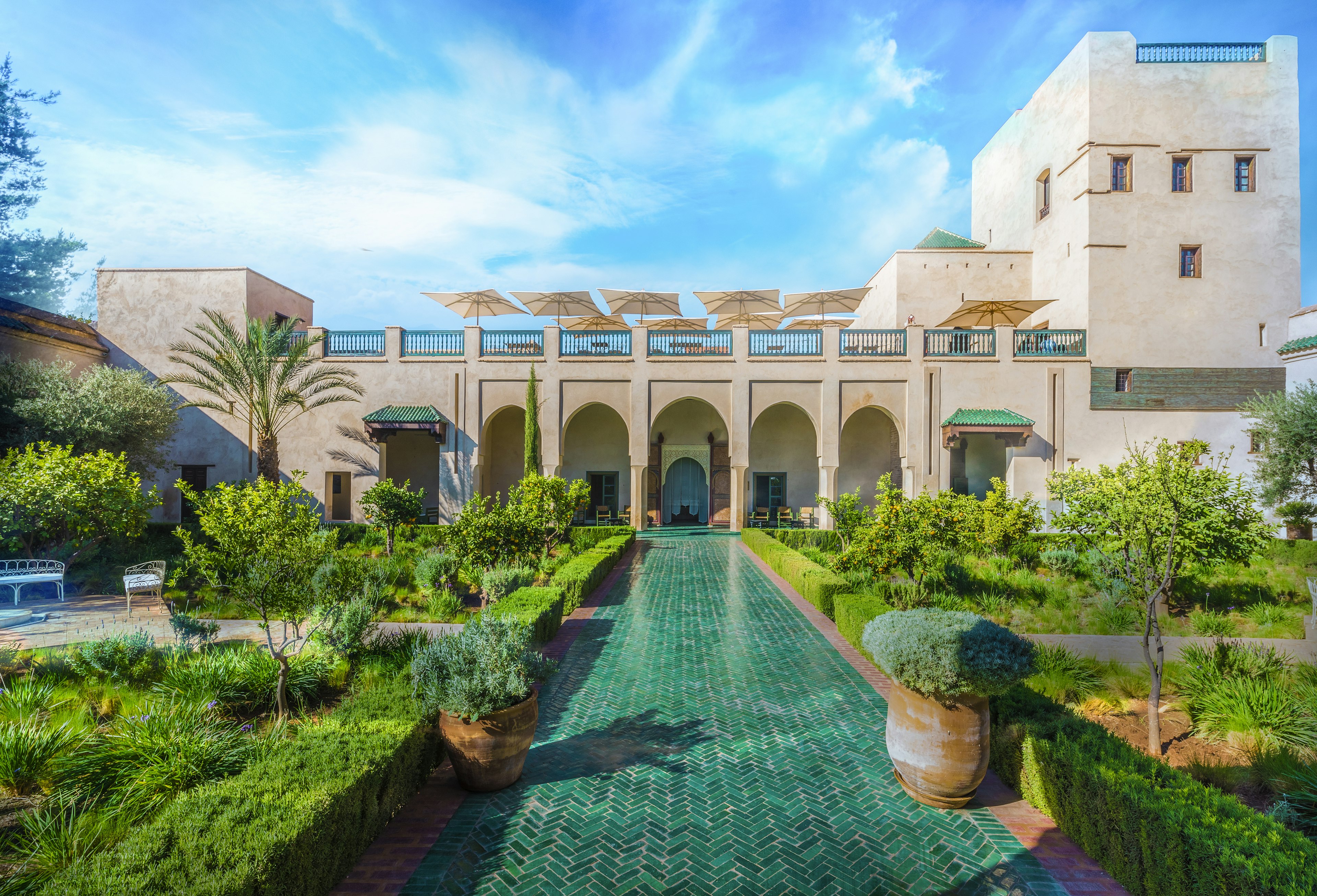 Peaceful interior view of Le Jardin Secret in Marrakesh, Morocco