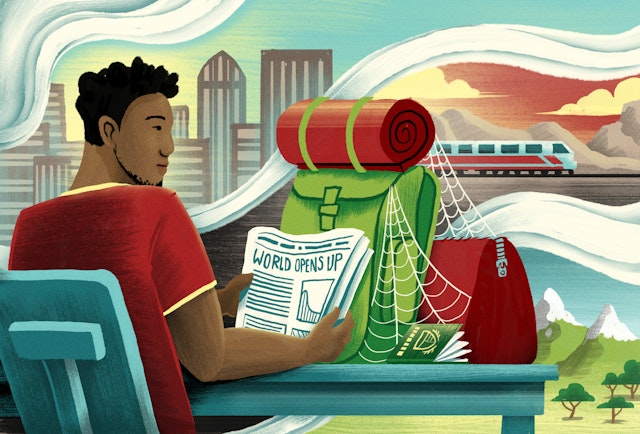 An illustration of a black traveller who is reading a newspaper, whose headline reads