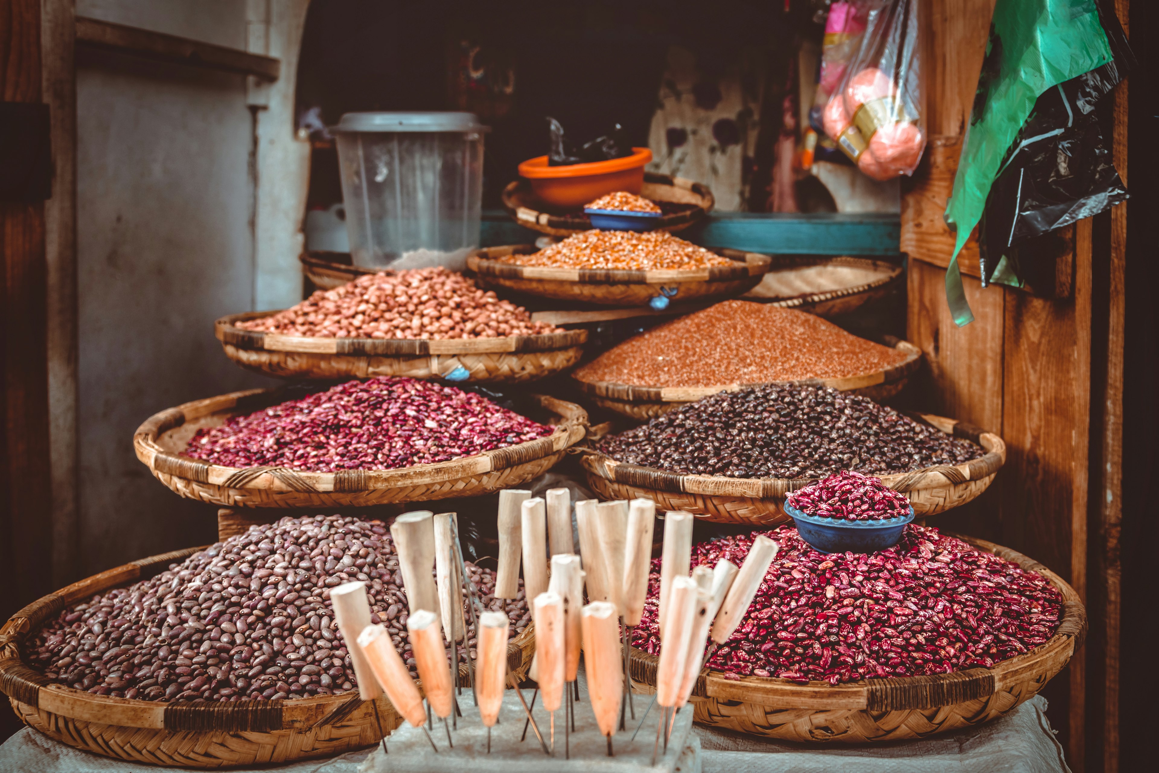 Homegrown products at market stall in Mzuzu, Malawi