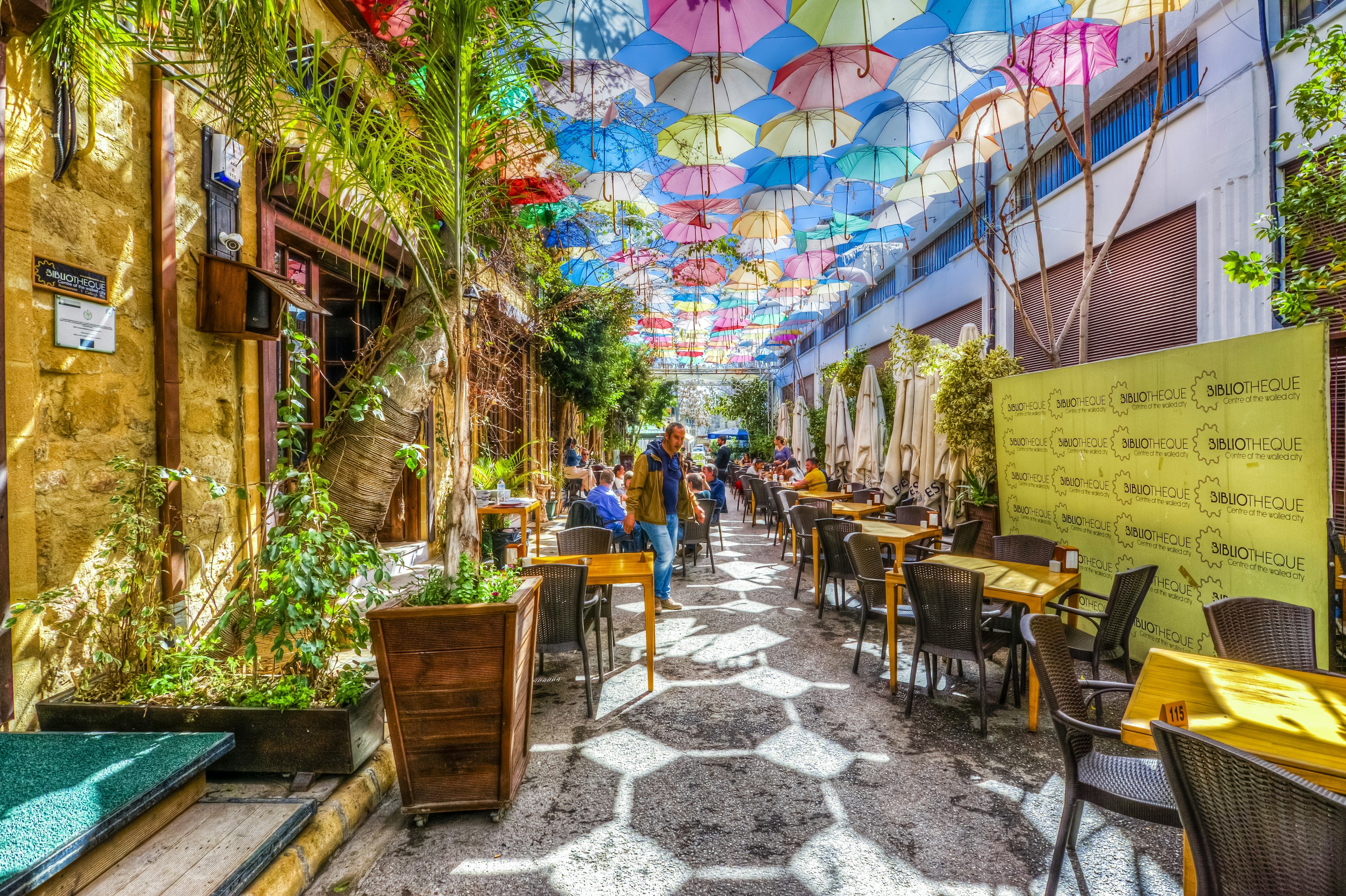 An umbrella-lined street in Nicosia.