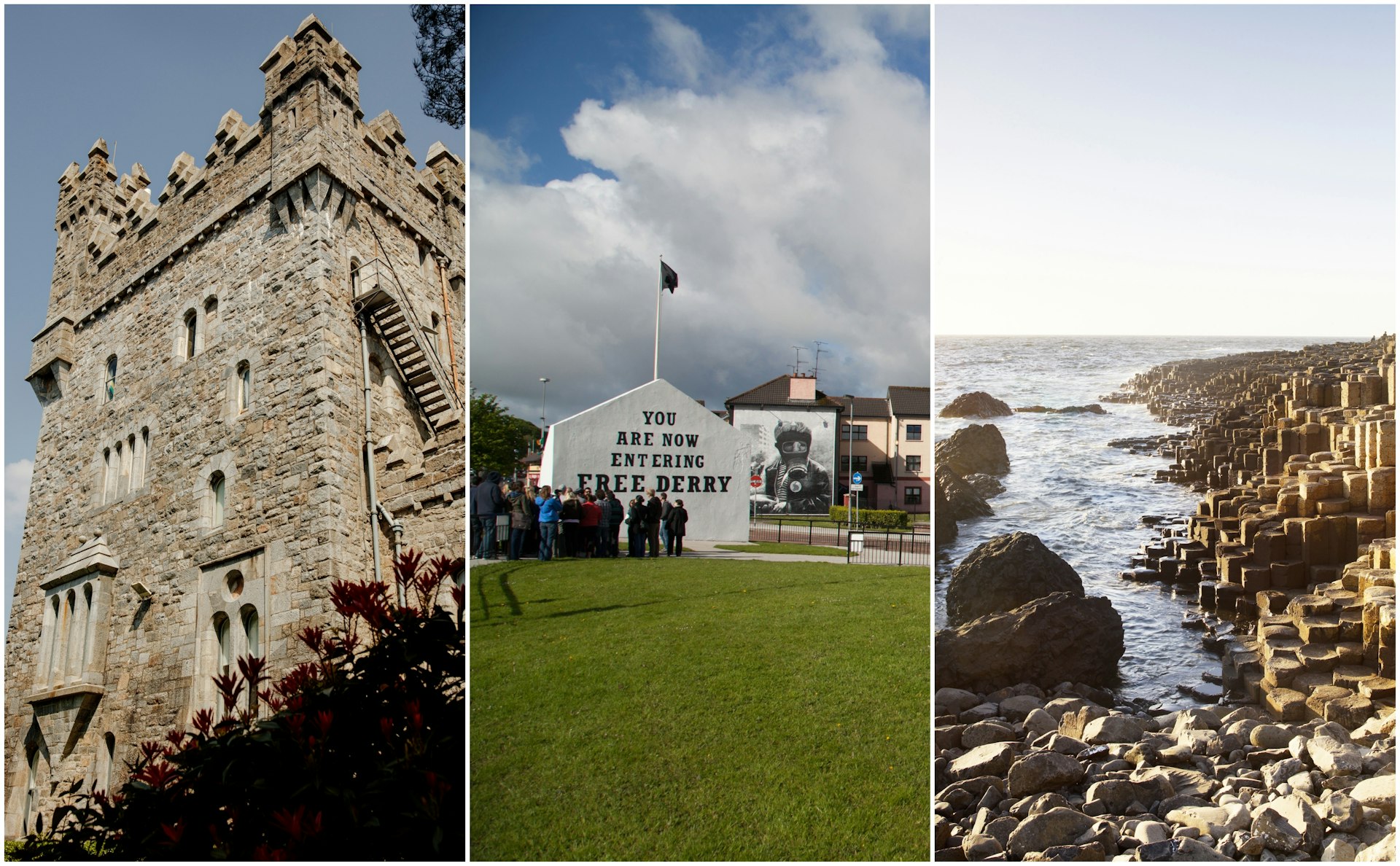 Left: a castle; center: a large mural with the words "You are now entering Free Derry"; right: hexagonal stacks of rocks by the sea