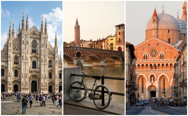 Left: A historic cathedral with an ornate facade; centre: bridge over a river; right: a domed church