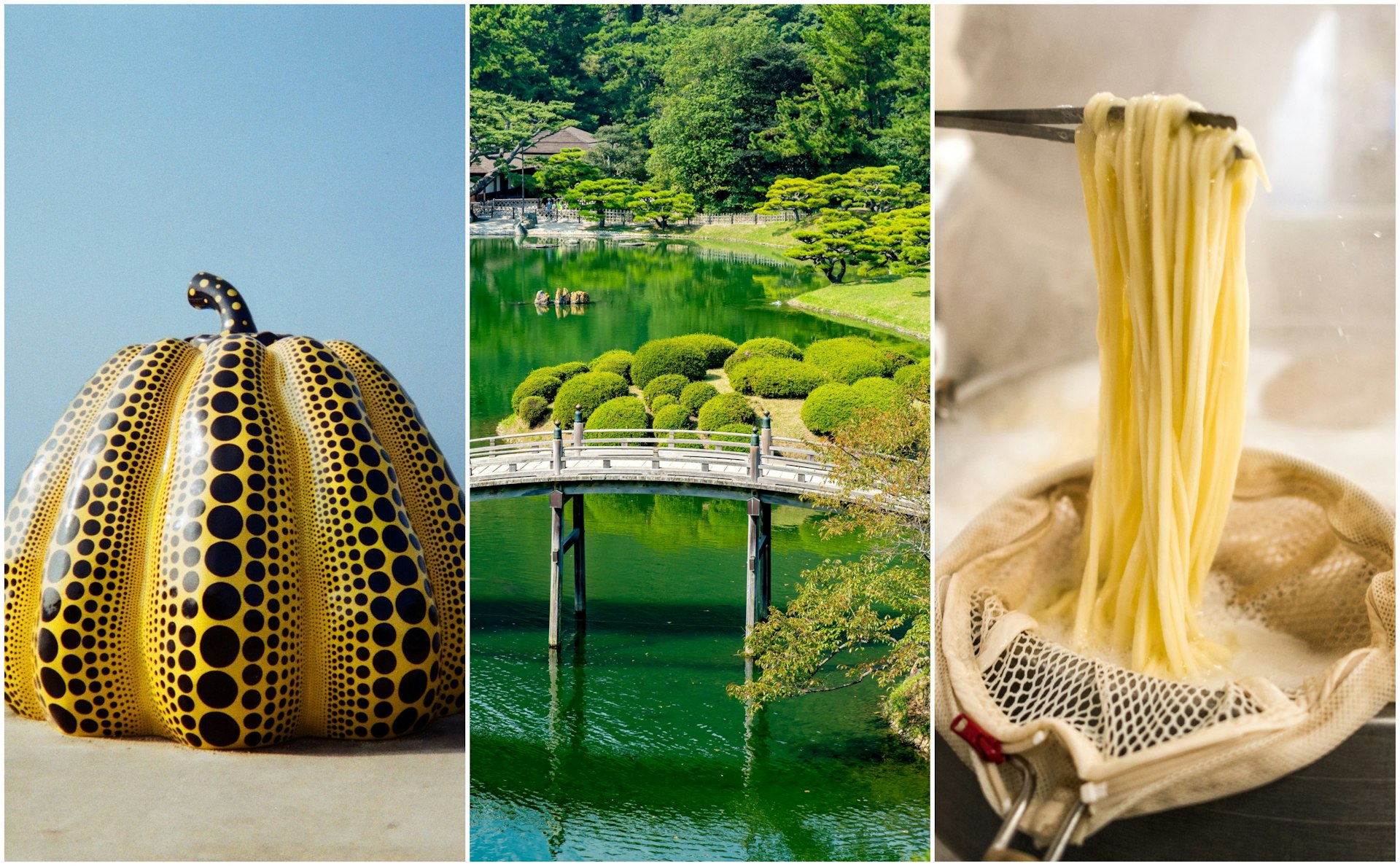 Left: a black and yellow pumpkin sculpture; center: a beautiful Japanese garden with an ornate bridge over a pond; right: a bowl of udon noodles. 