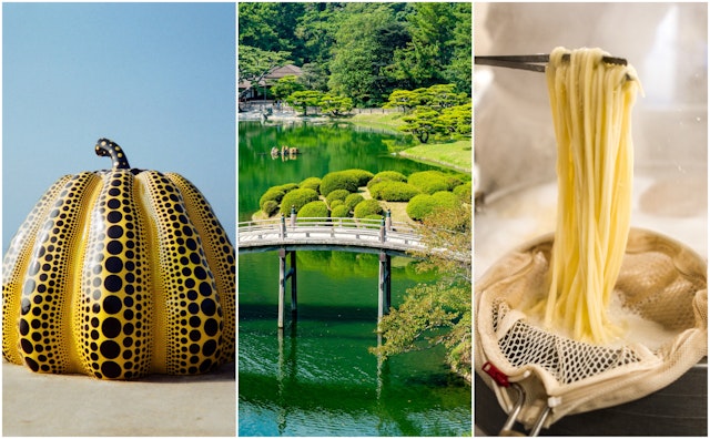 Left: a black and yellow pumpkin sculpture; center: a beautiful Japanese garden with an ornate bridge over a pond; right: a bowl of udon noodles.