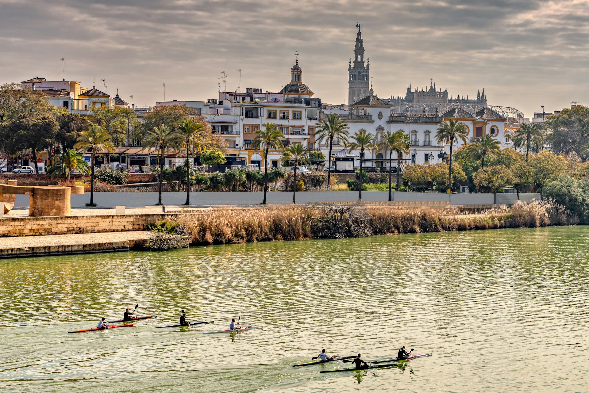 Kayakers paddle along a palm tree-lined river with a Gothic bell tower in the distance