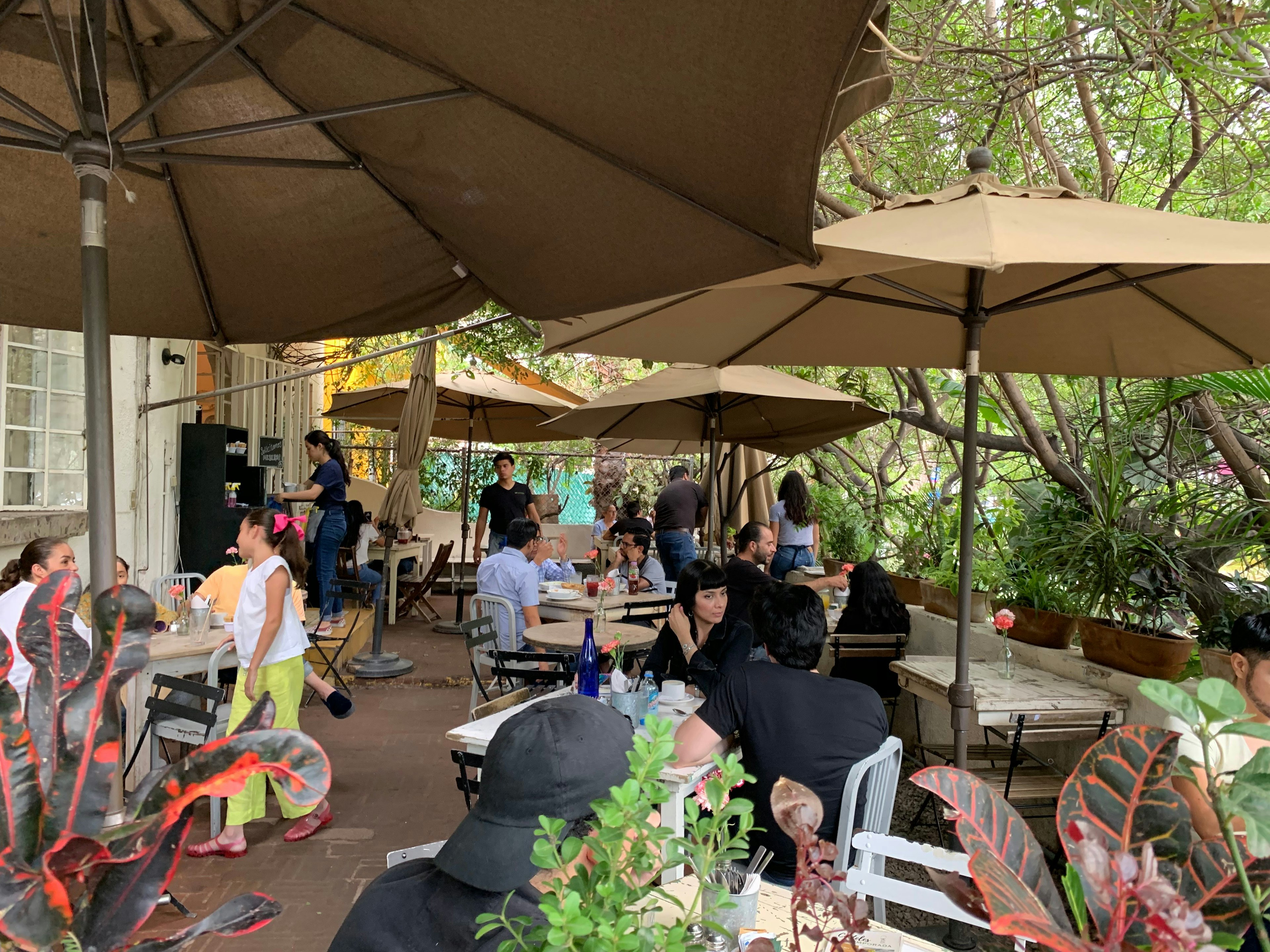 People sit at outdoor tables at a cafe in the Colonia Americana neighborhood of Guadalajara