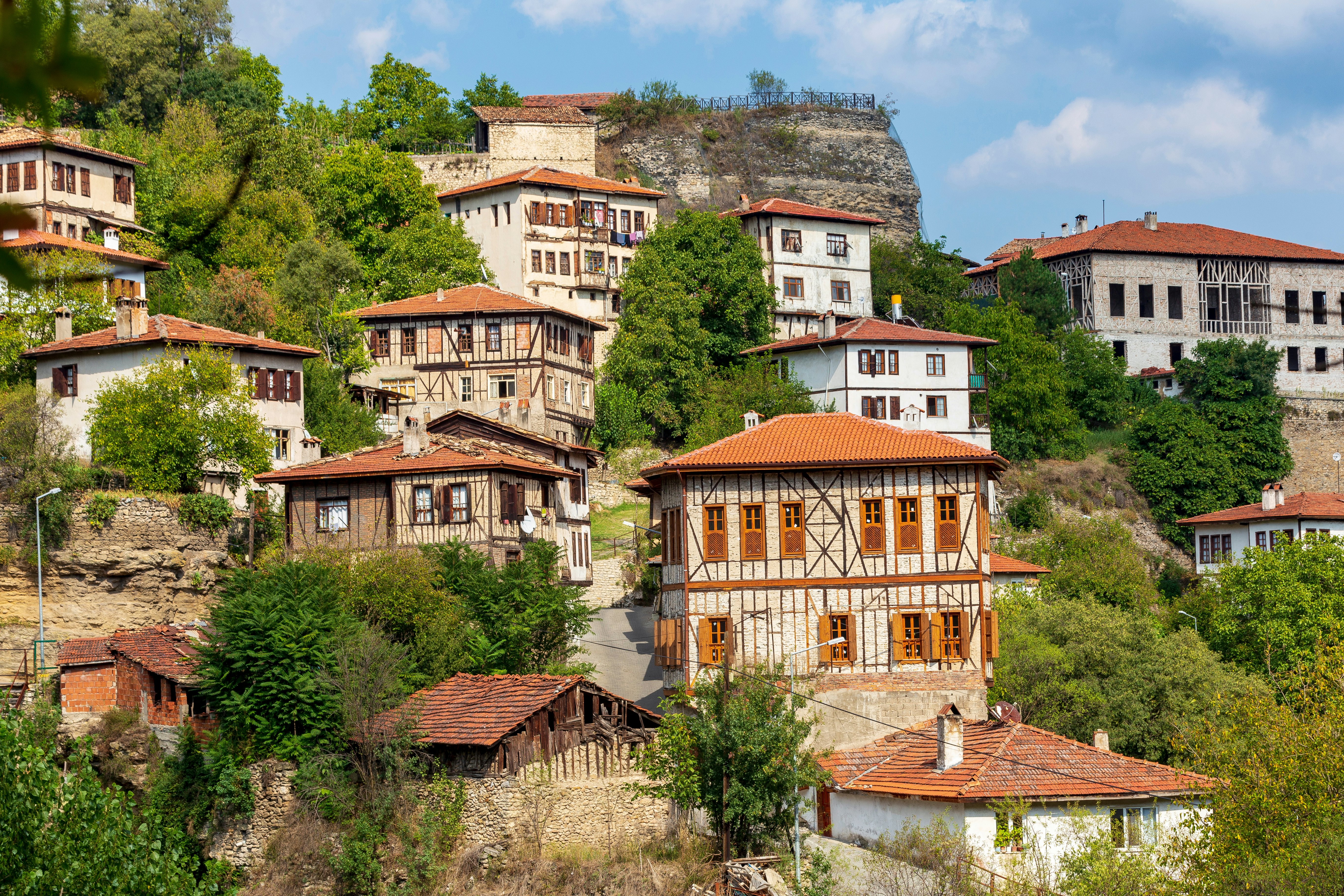 Ottoman timbered houses built into a hillside in Safronbolu in Turkey.