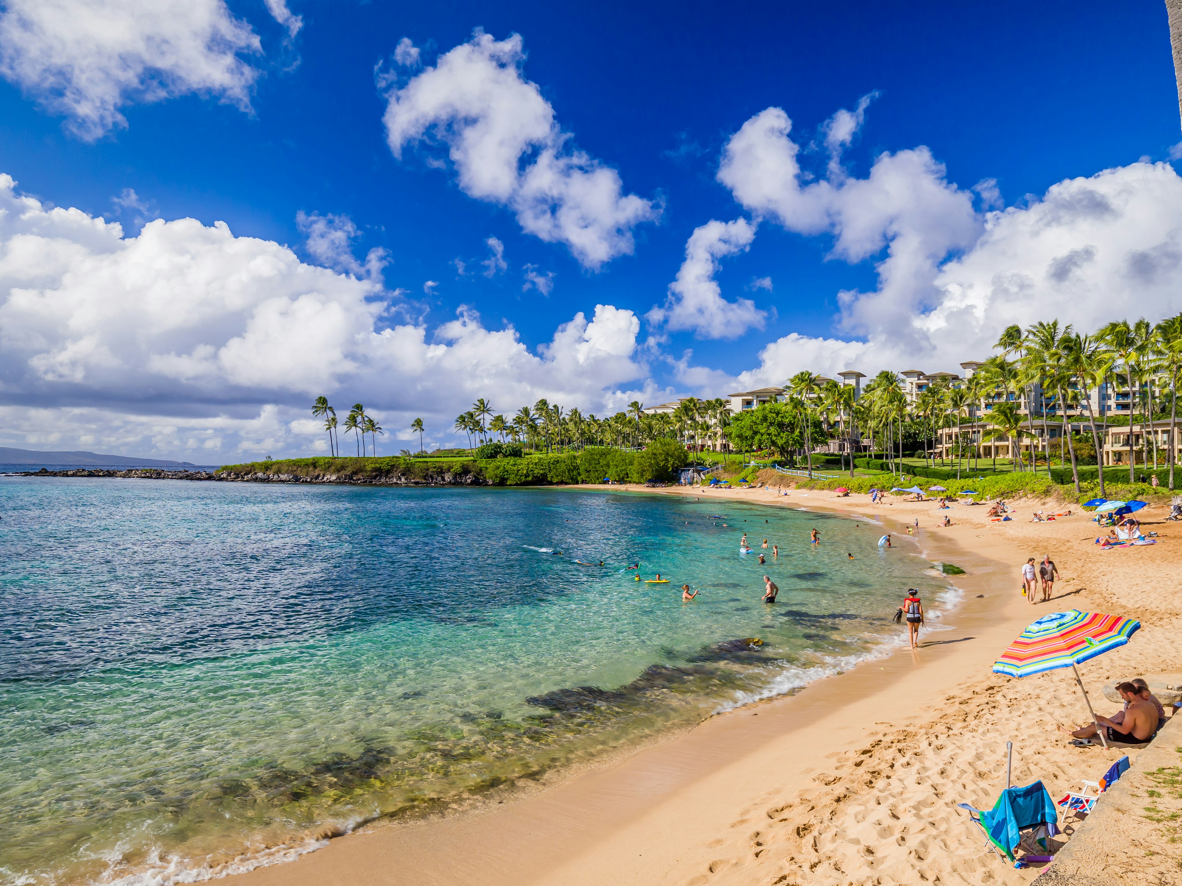 Sunbathers on Kapalua Beach back by palm trees