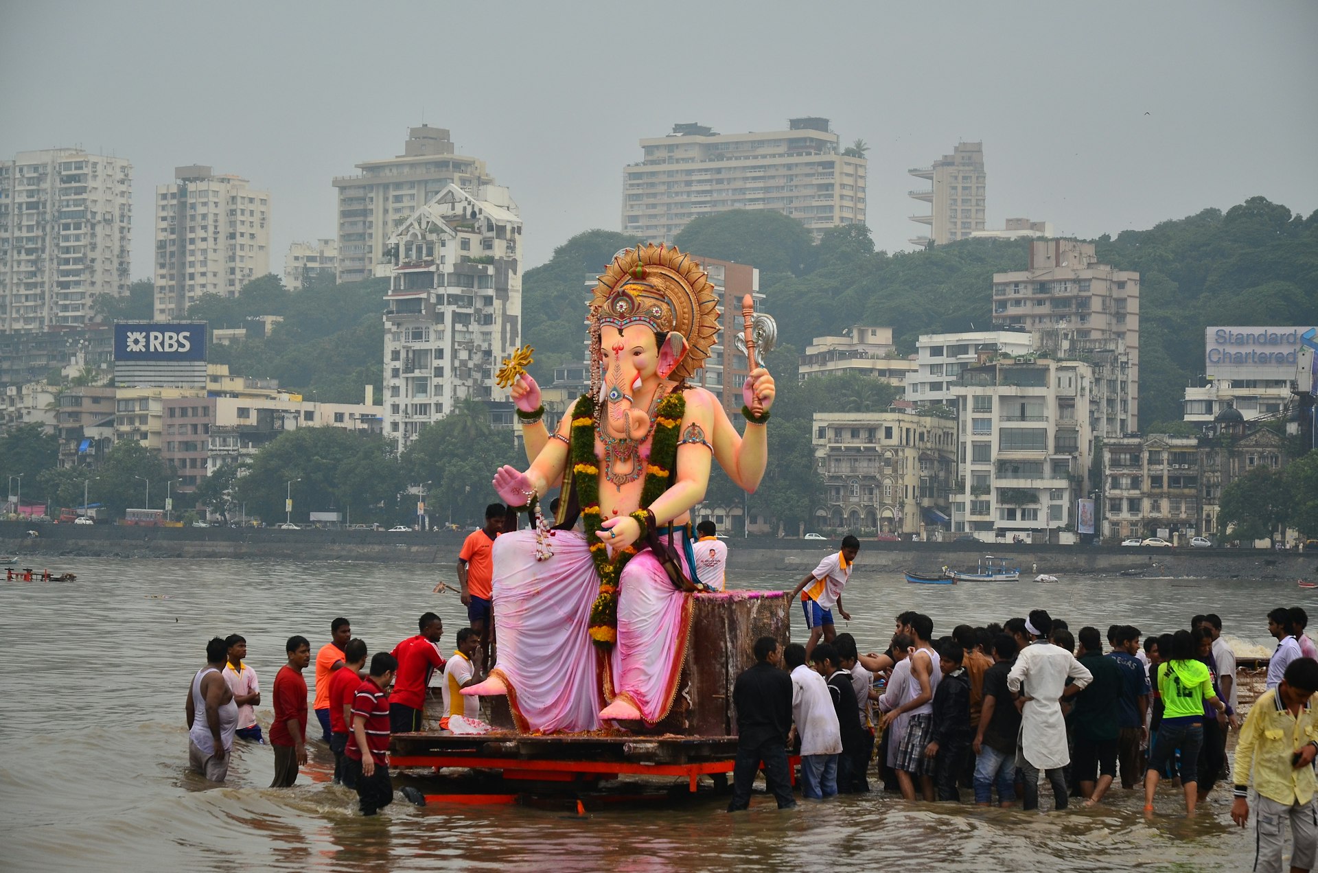 Devotees immerse an enormous idol of Ganesh at Ganesh Chaturthi in Mumbai.