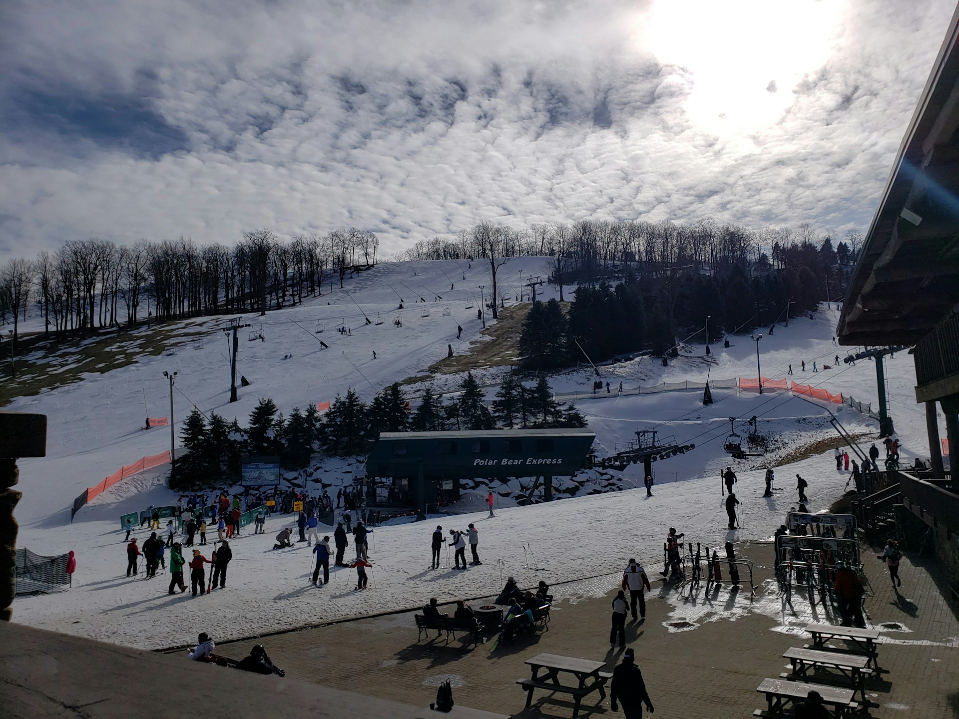 An aerial view of skiers on a cloudy day at Seven Springs Resort, Pennsylvania