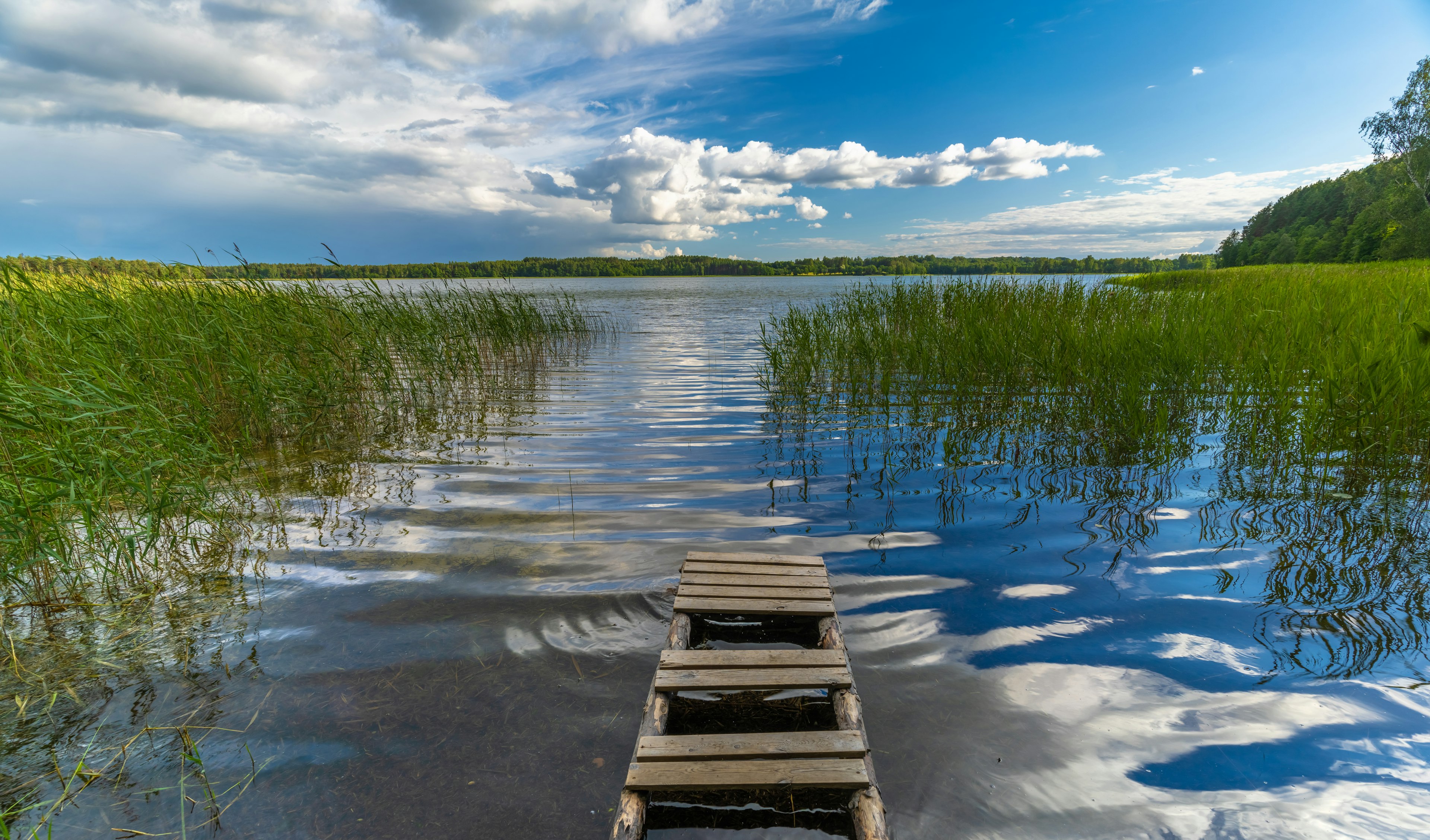 A wooden dock sticks out into a lake that reflects the sunshine and clouds in Aukštaitija National Park, Lithuania