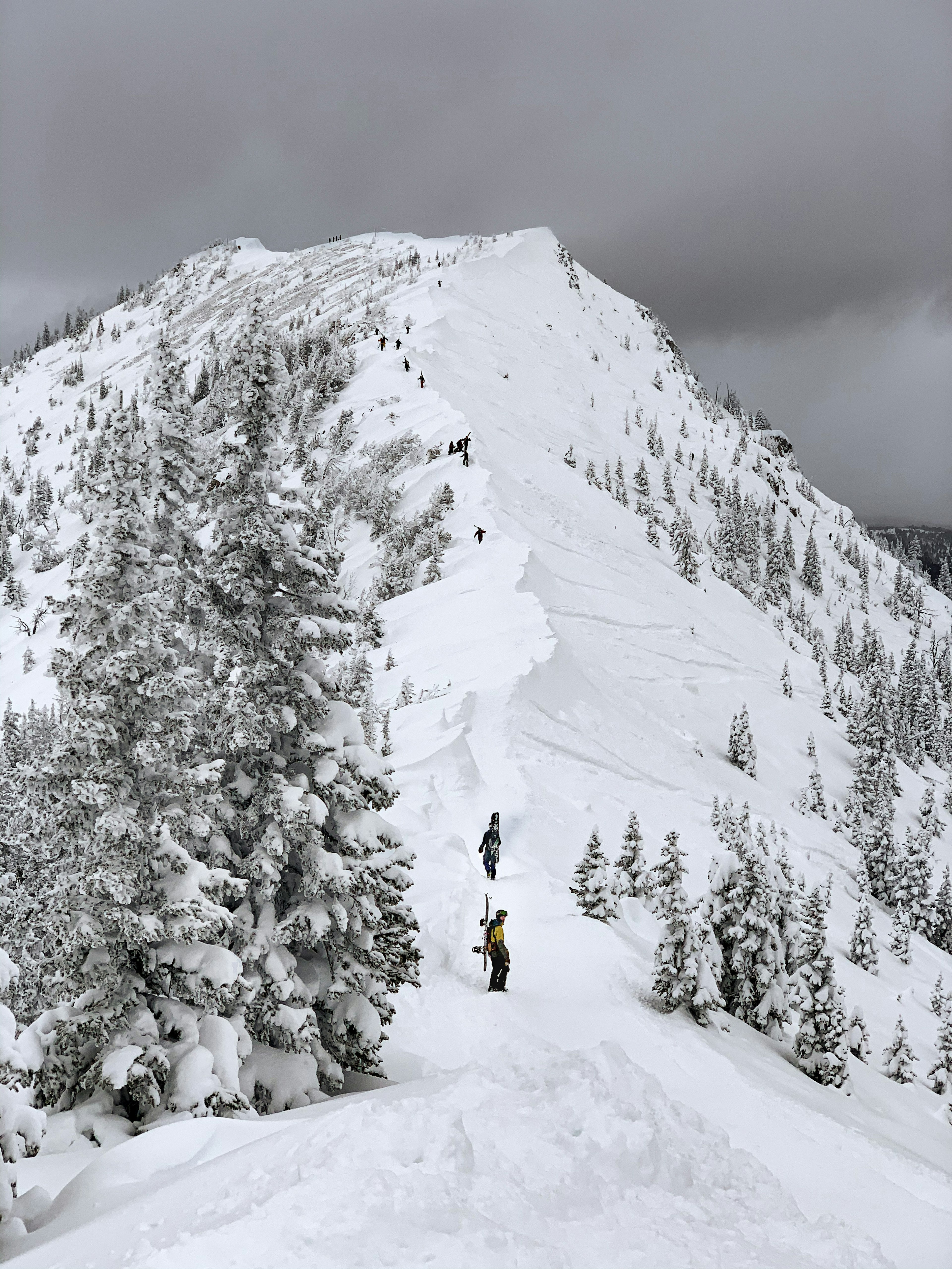 Skiiers hike the ridge line at Bridger Bowl after a storm left a few feet of fresh snow.