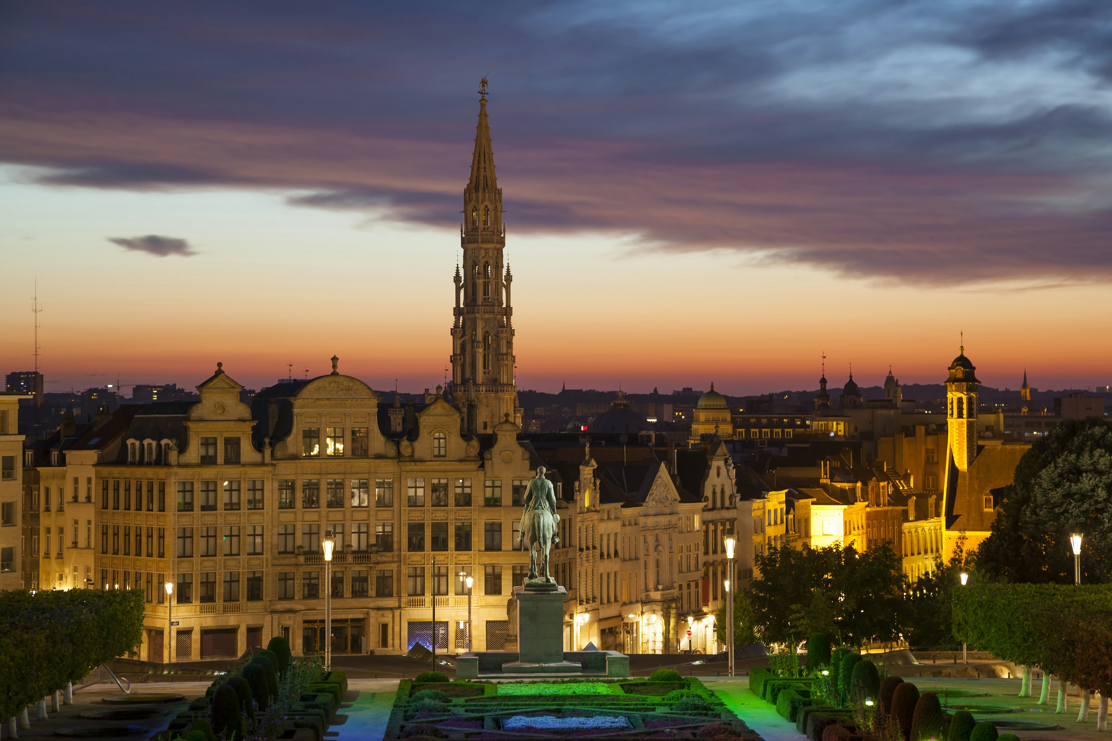 Cityscape of Brussels from Jardin Monts des Arts in the late twilight