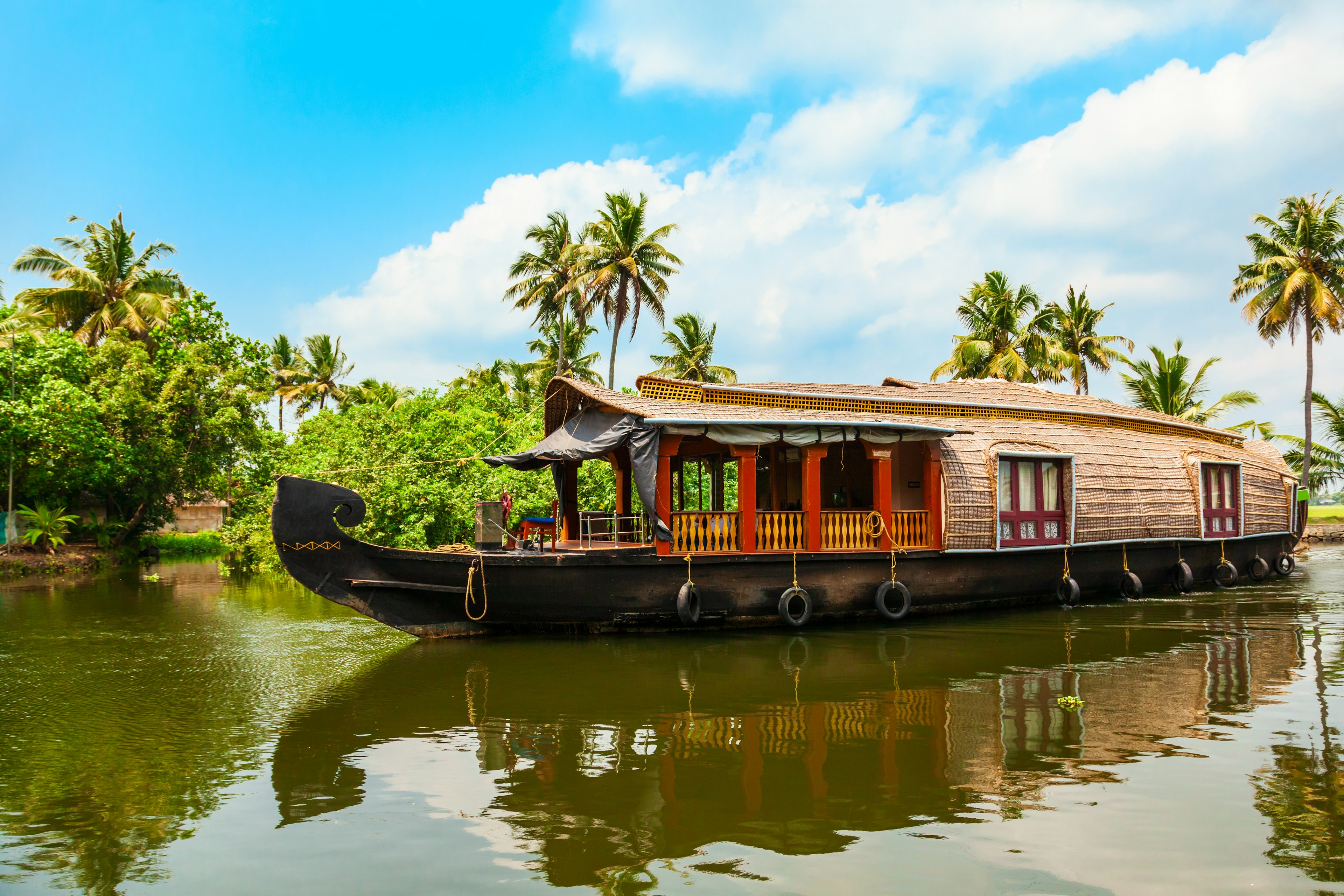 A houseboat sailing in the backwaters near Alappuzha in Kerala in India.