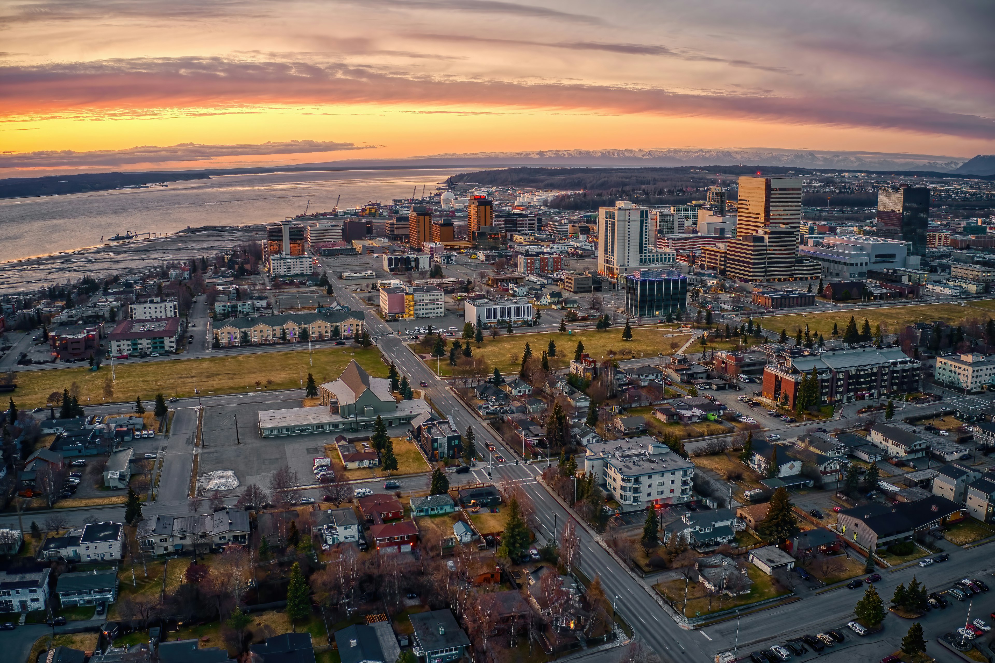 Aerial view of a sunset over Downtown Anchorage, Alaska in spring