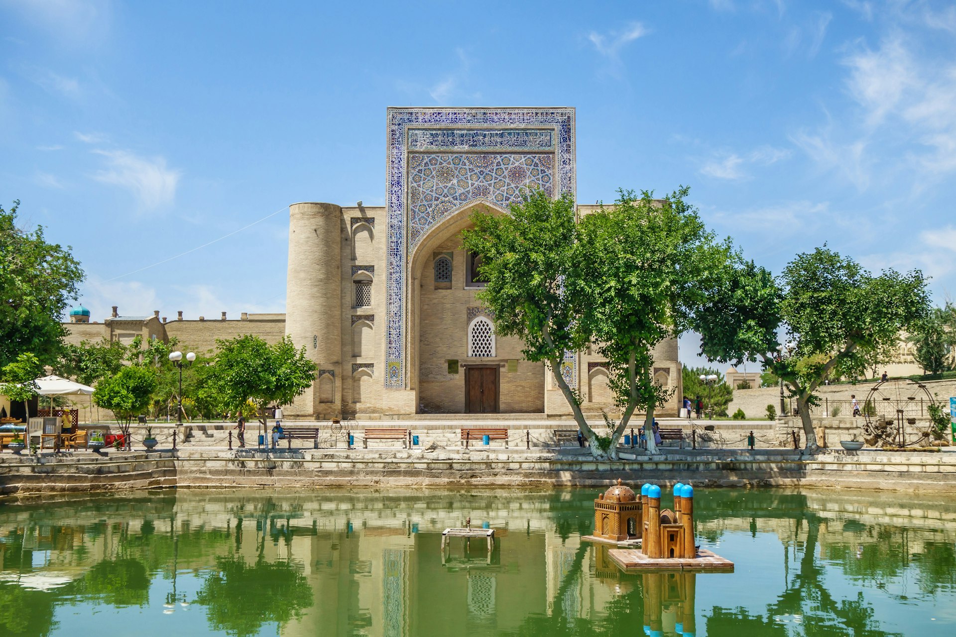 Panorama of Lyab-i Hauz, an architectural ensemble of buildings 16-17 centuries in the center of Bukhara, Uzbekistan.