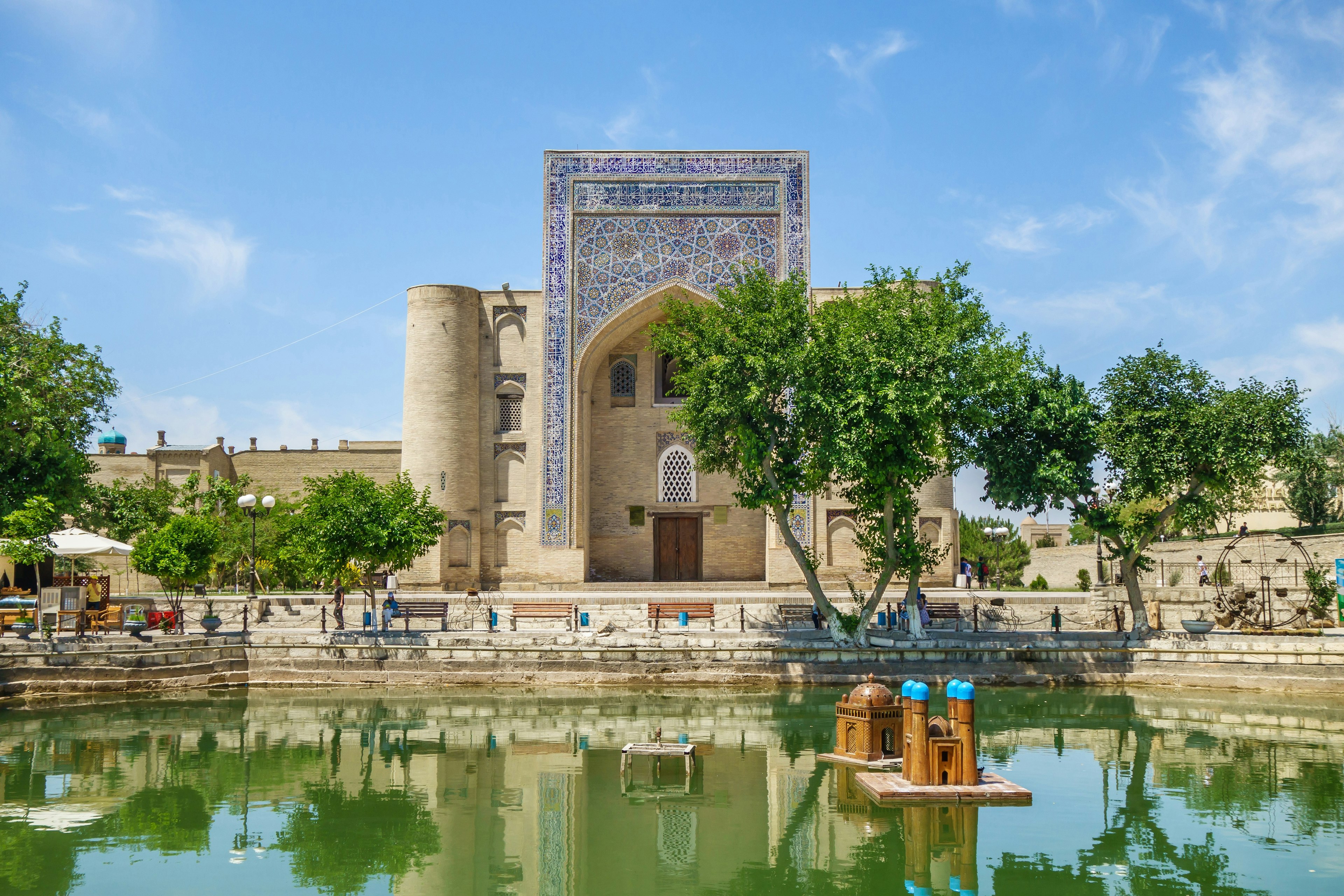 Panorama of Lyab-i Hauz, an architectural ensemble of buildings 16-17 centuries in the center of Bukhara, Uzbekistan.