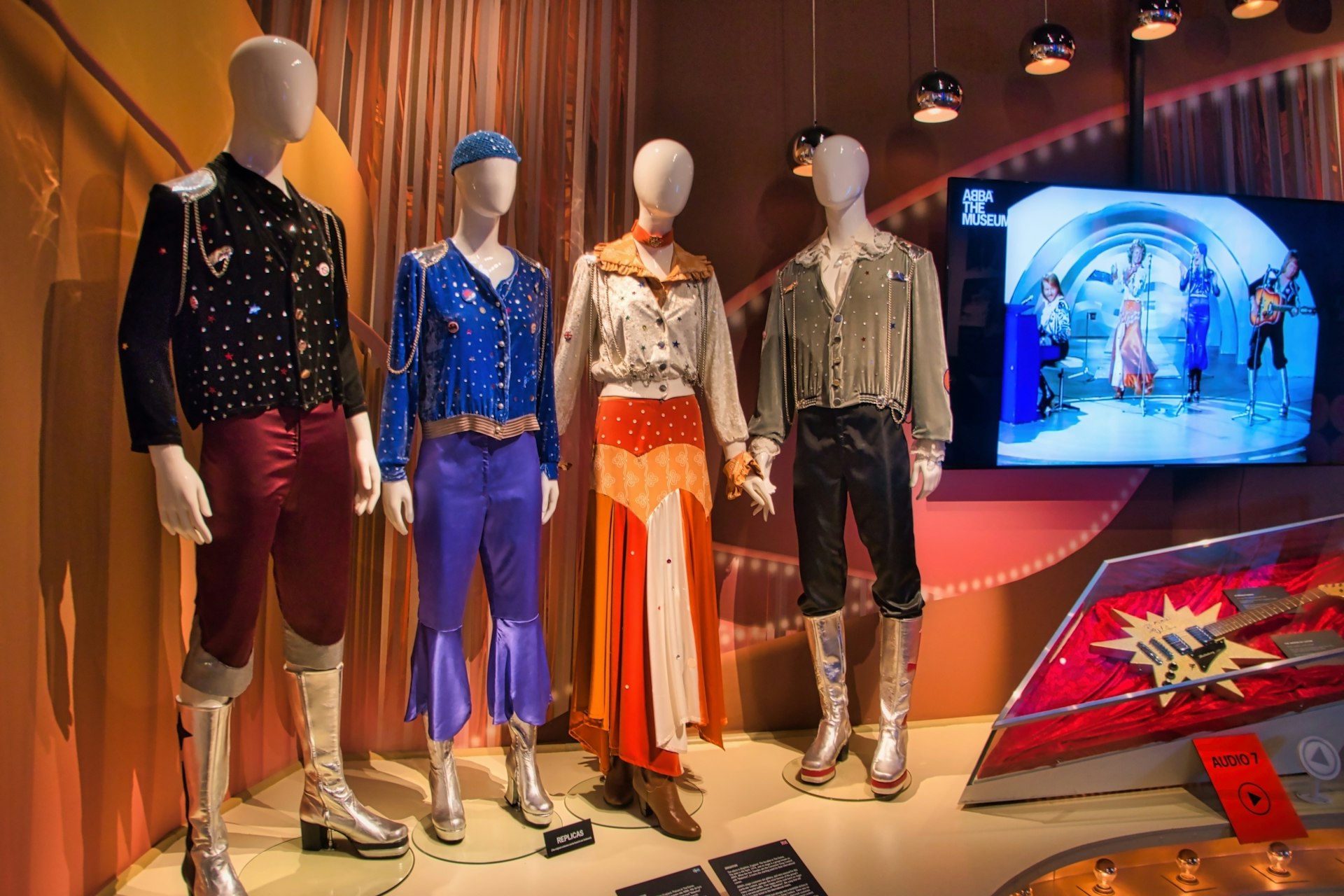 Camp costumes worn by members of ABBA on display at ABBA: The Museum in Stockholm