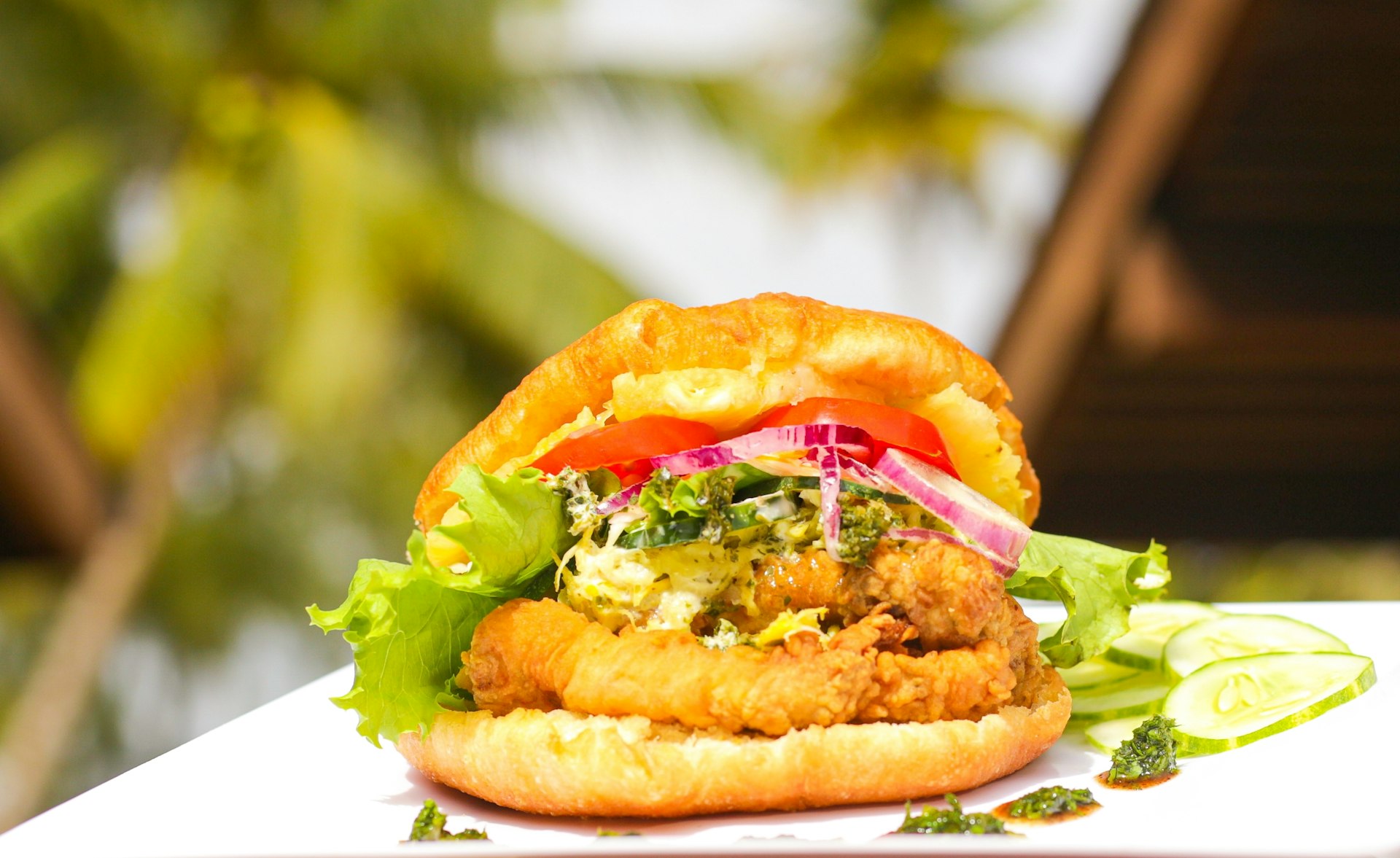 Trinidadian delicacy, bake and shark served with a wide variety of fresh fruits and vegetables