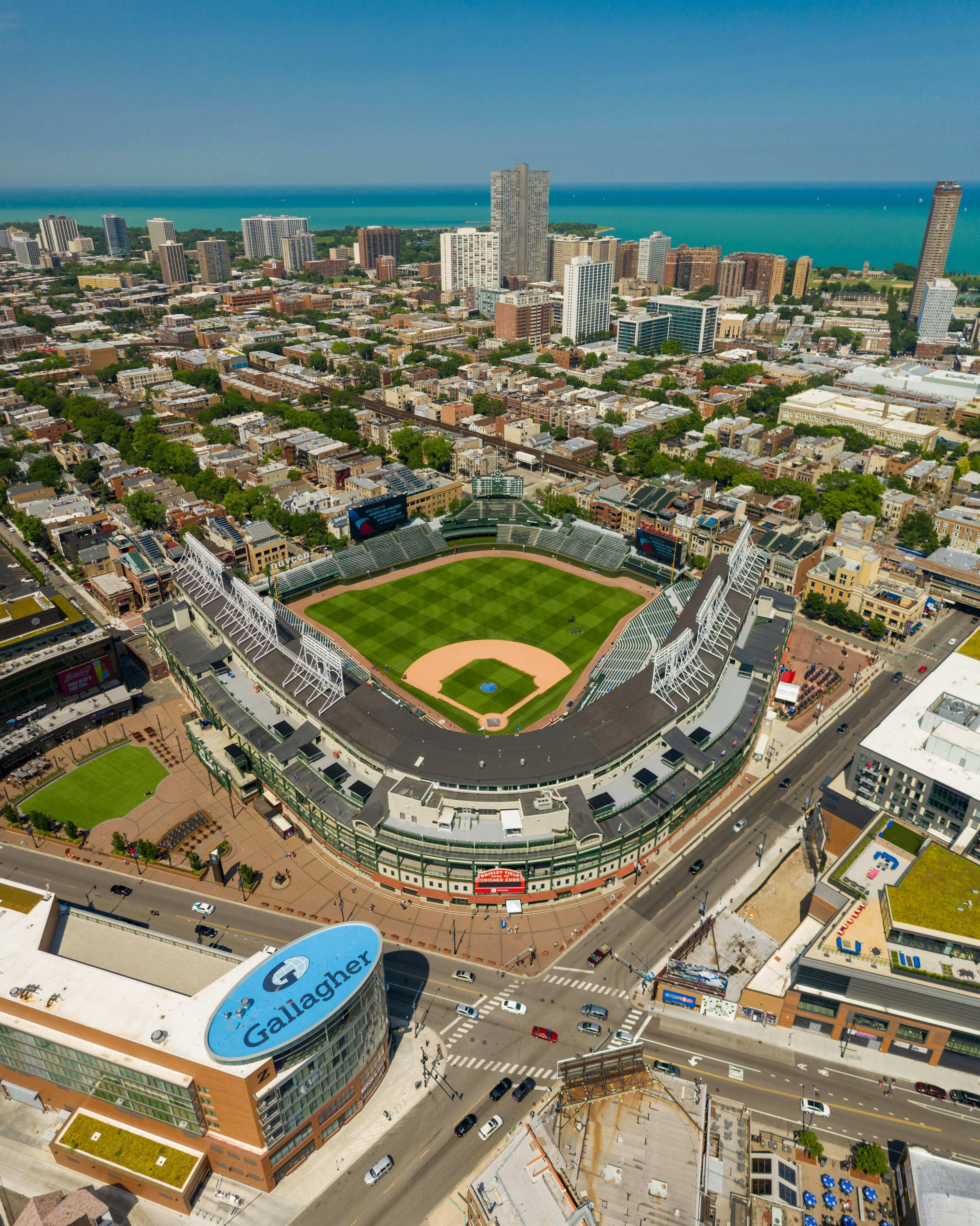 Looking down on the baseball ground Wrigley Field, with Lake Michigan in the background