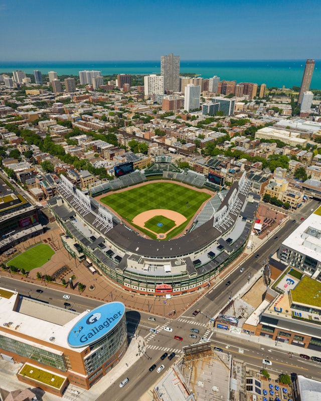 Looking down on the baseball ground Wrigley Field, with Lake Michigan in the background