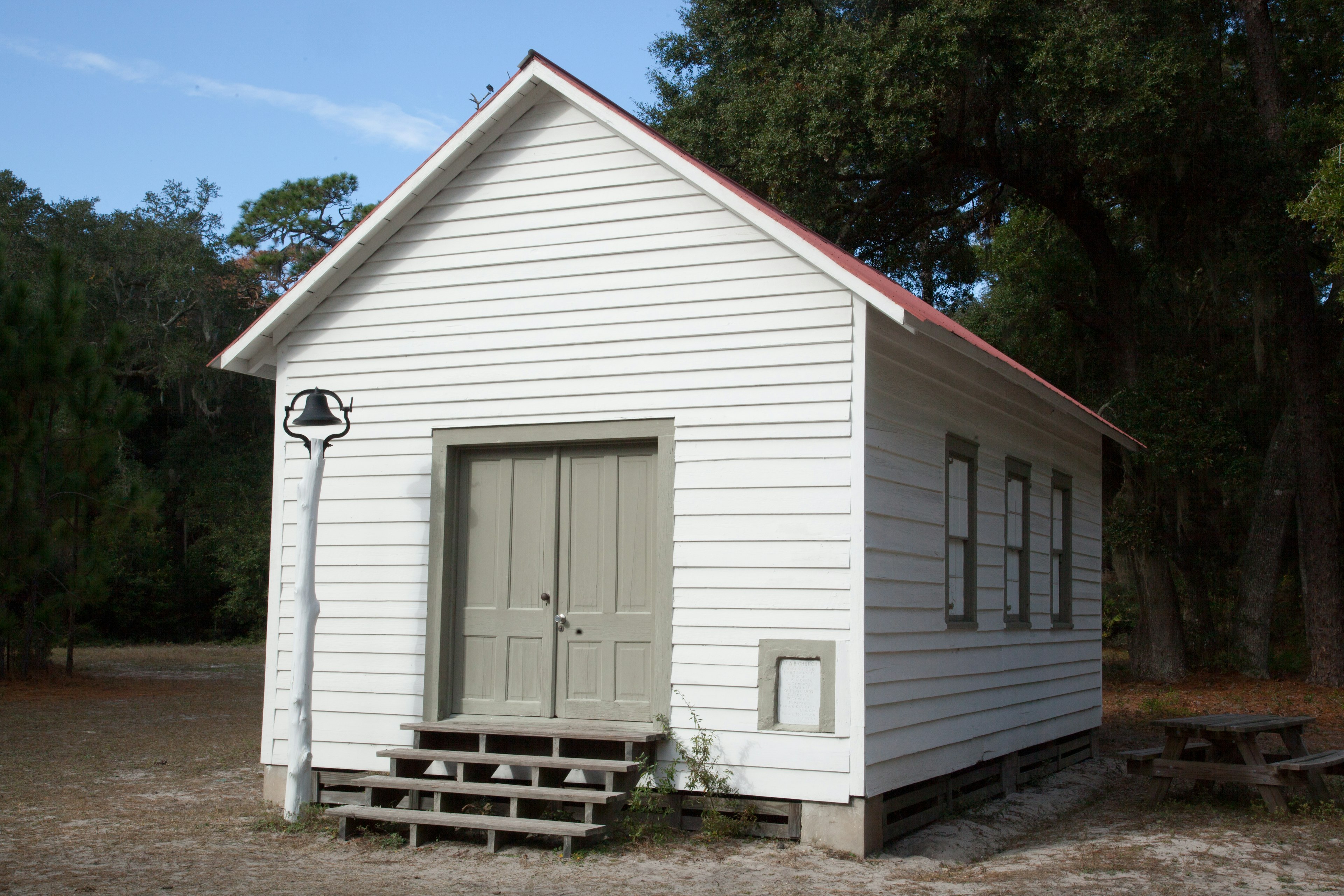 The small, simple, white First African Baptist Church on Cumberland Island, Georgia