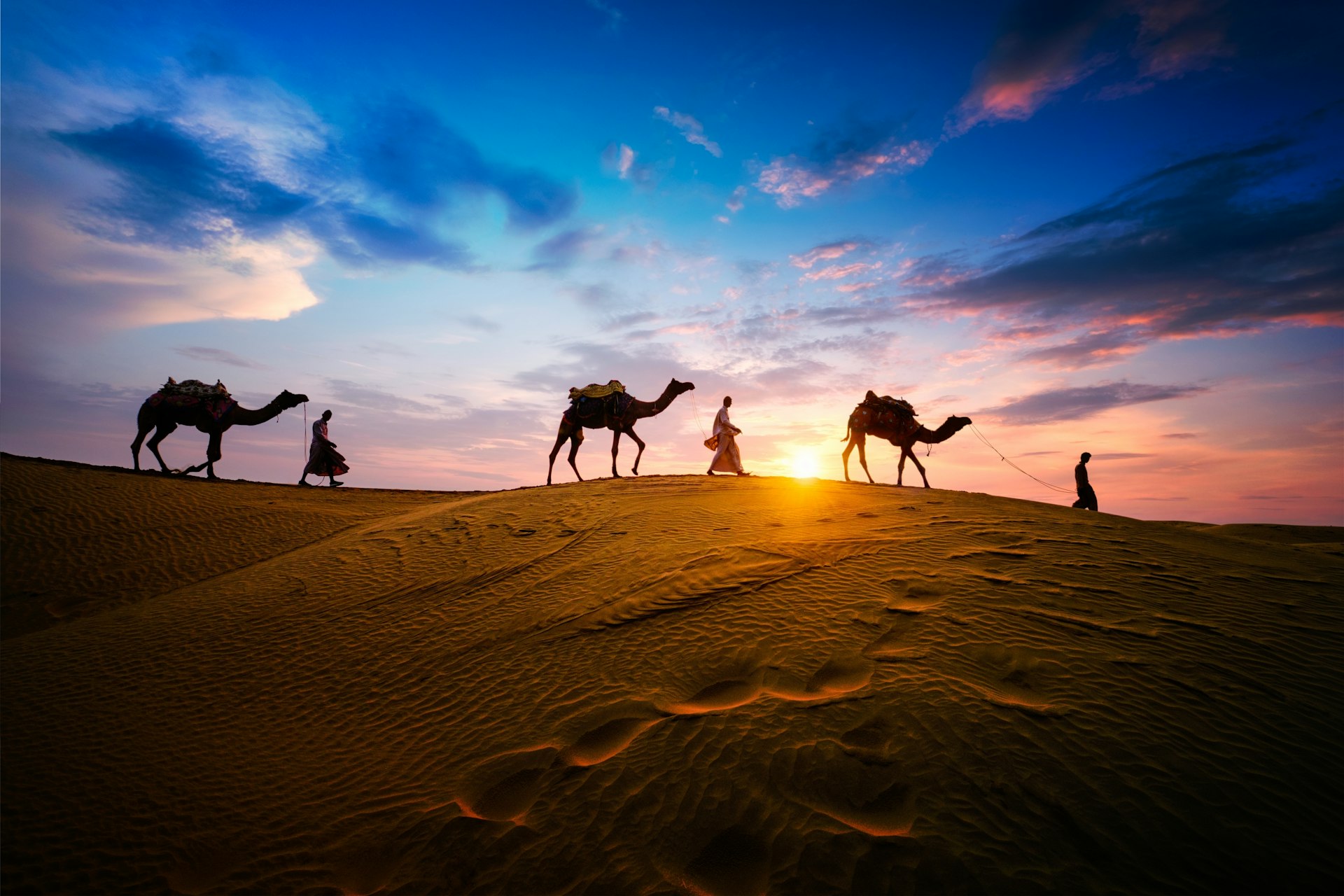 A camel safari crosses the Thar desert at sunset in Jaisalmer, Rajasthan, India. 