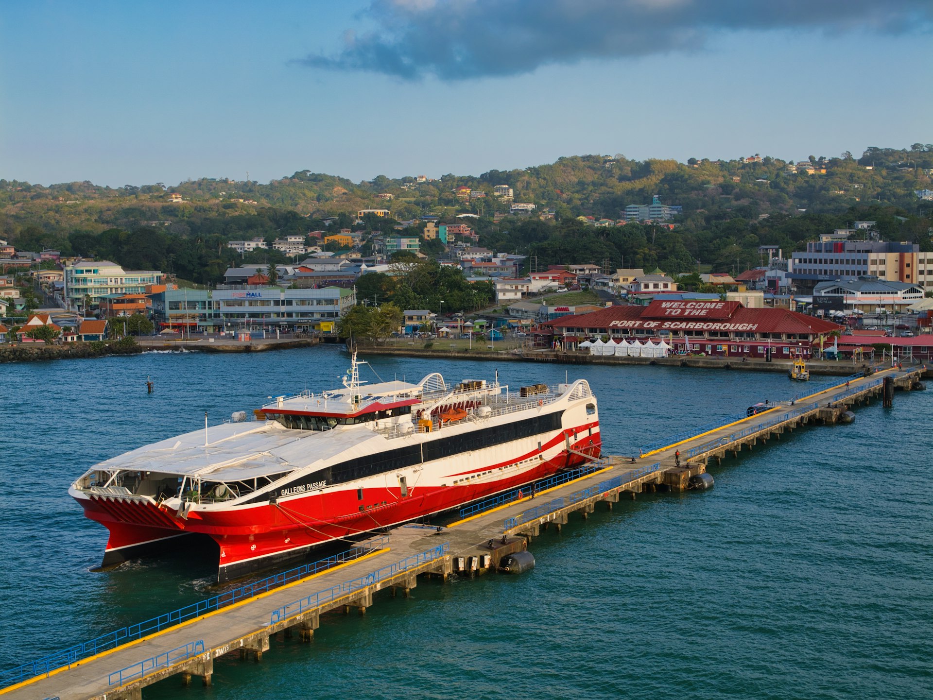 An aerial view of the Galleons Passage hydrofoil ferry in Scarborough, Tobago, Trinidad and Tobago