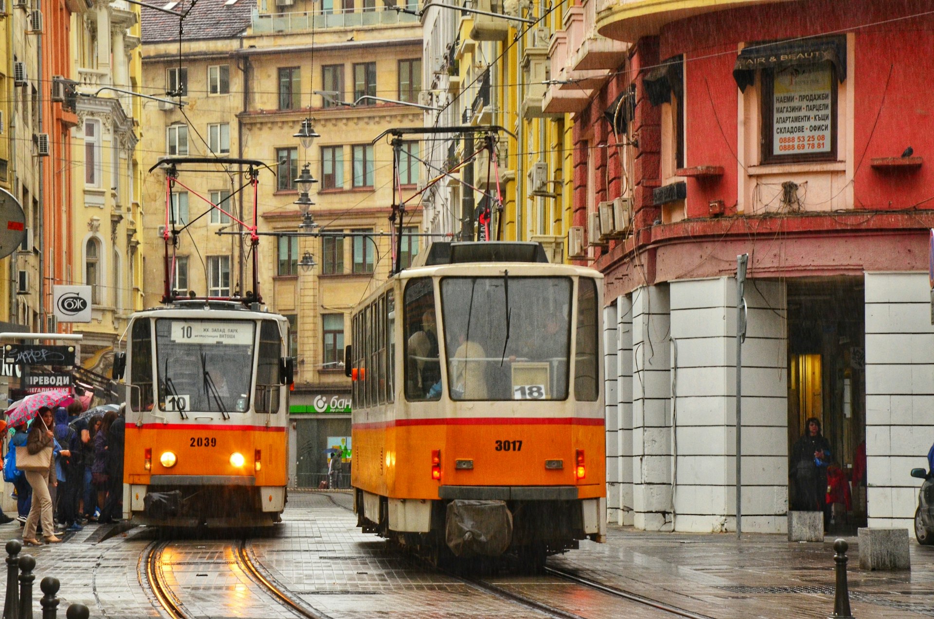 View of two orange-colored tram cars in the center of Sofia, Bulgaria