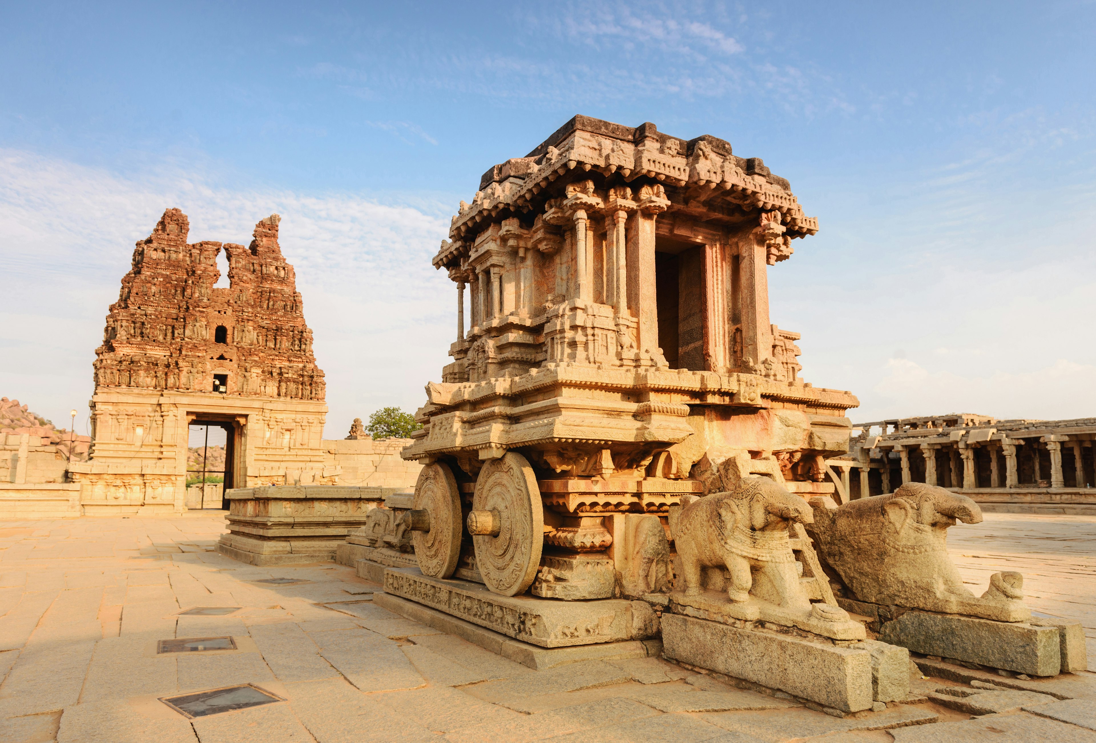 The stone chariot inside the Vittala Temple in Hampi, Karnataka, India