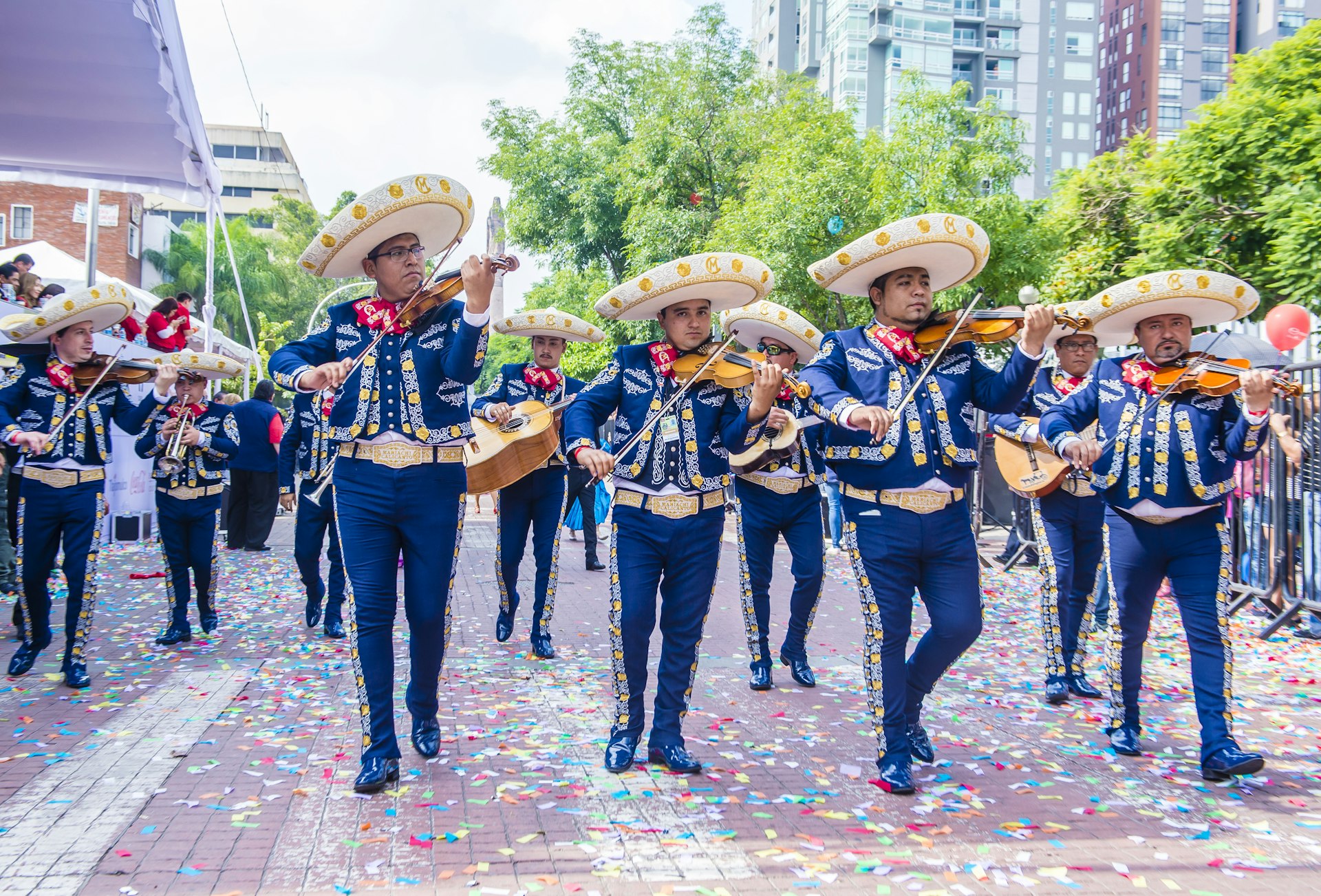 Musicians in a parade during the 23rd International Mariachi & Charros festival in Guadalajara, Mexico