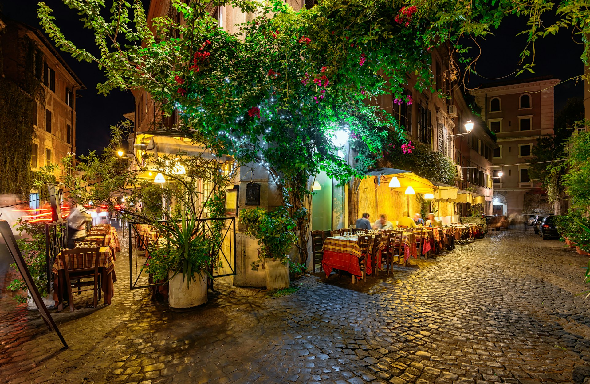 Greenery decorates the brick walls of an old cozy street at night in Trastevere, Rome, Italy. 