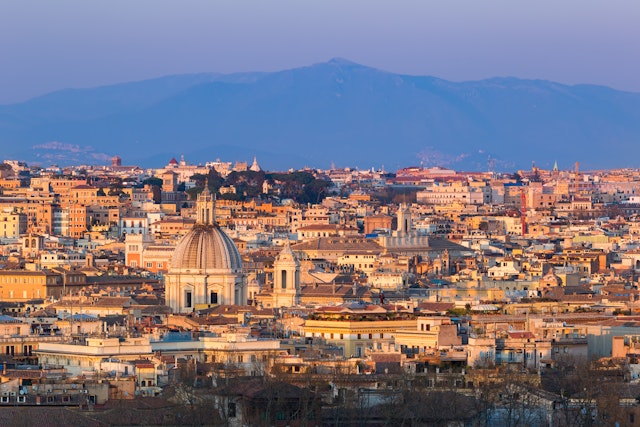 Cityscape of Rome, Italy, at sunset in autumn, a view from the Gianicolo (Janiculum) hill,
