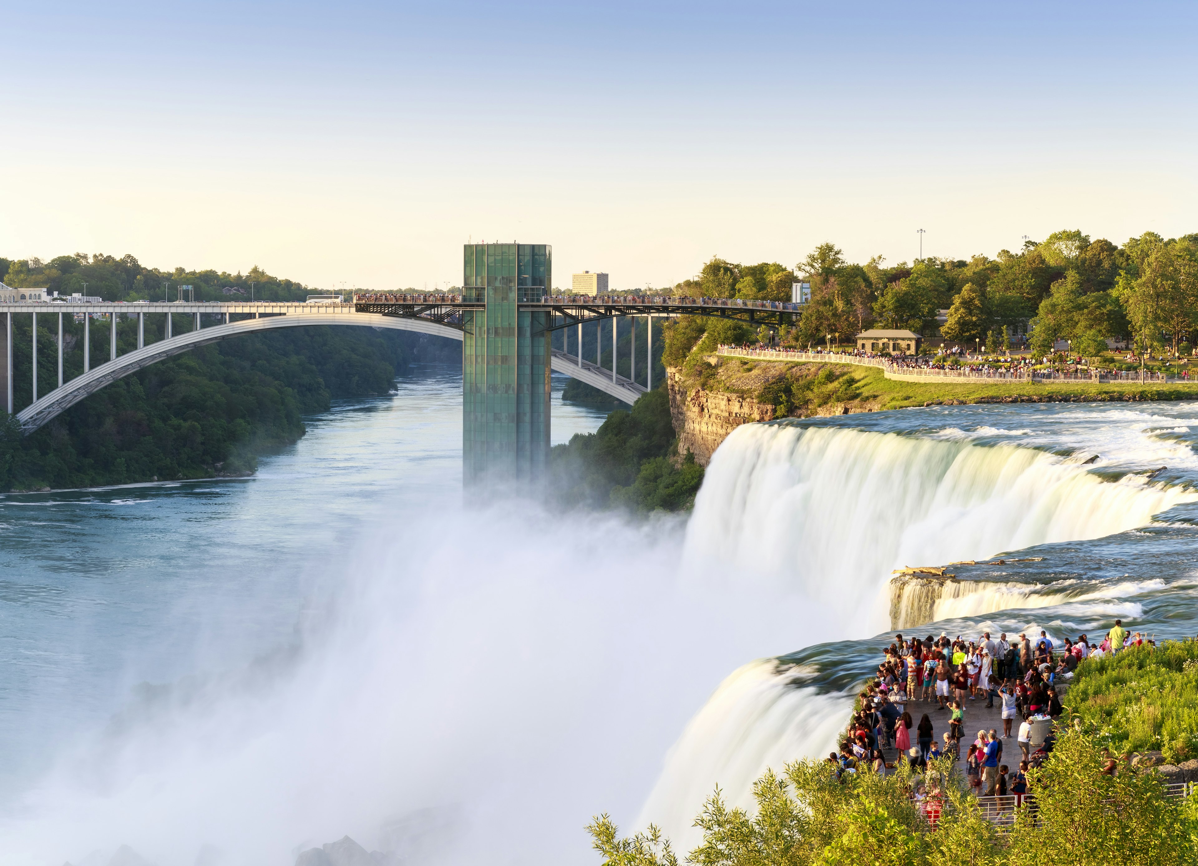 A view of Niagara Falls on a sunny day from the New York side