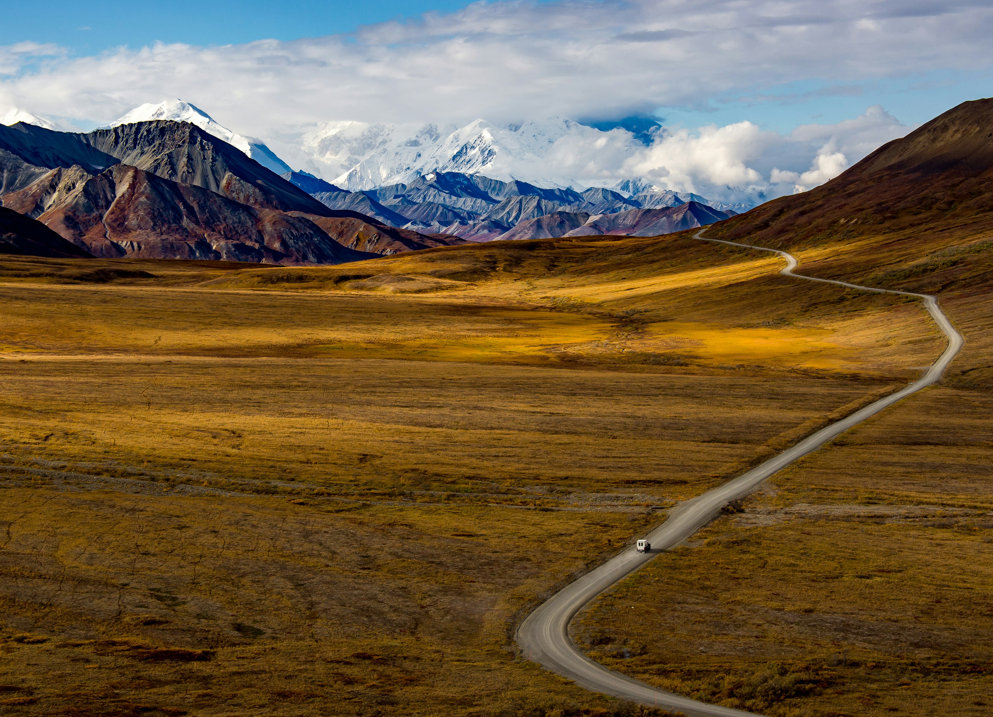 A winding road in Denali National Park in fall, Alaska