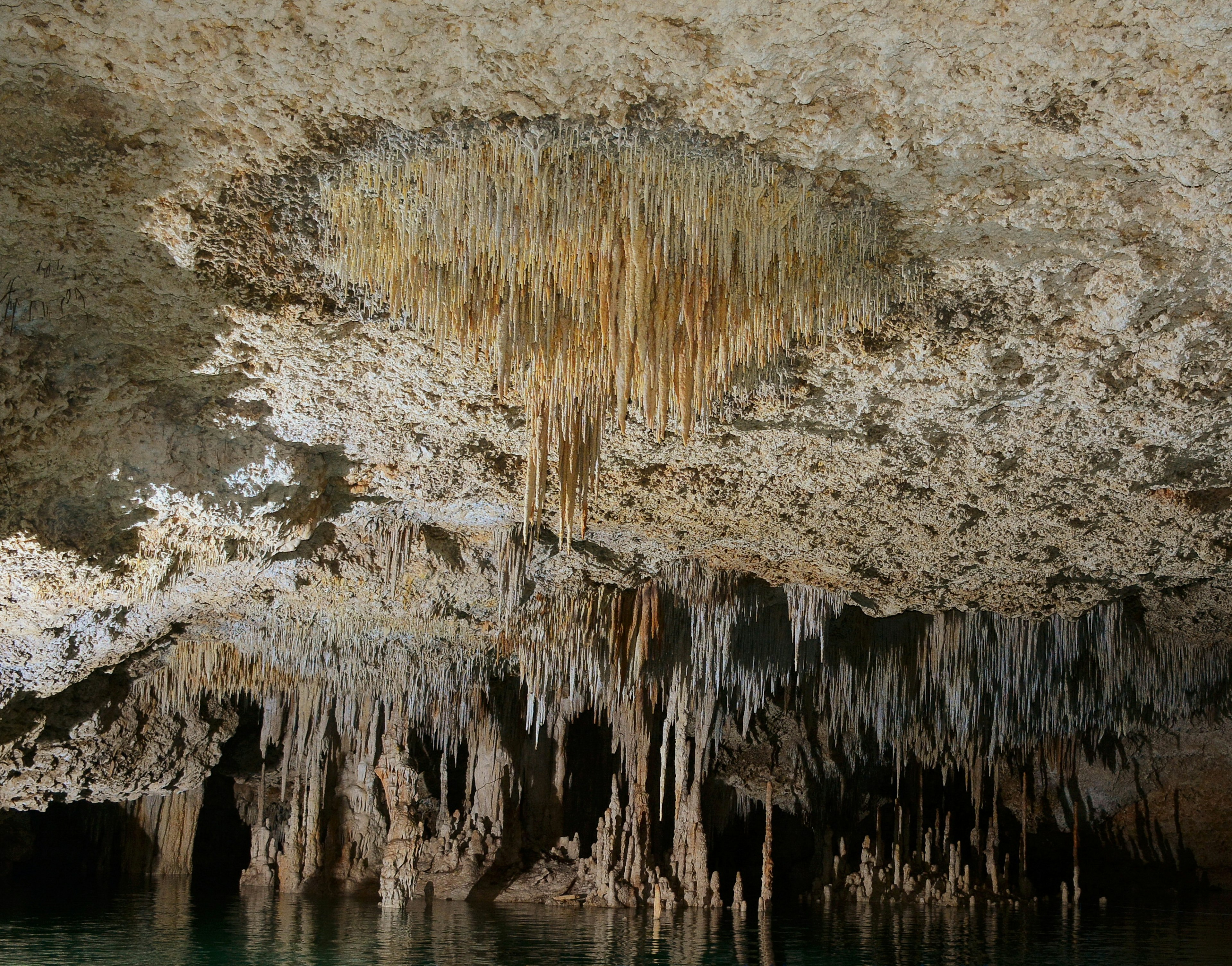 Stalactites in the Rio Secreto underground caverns