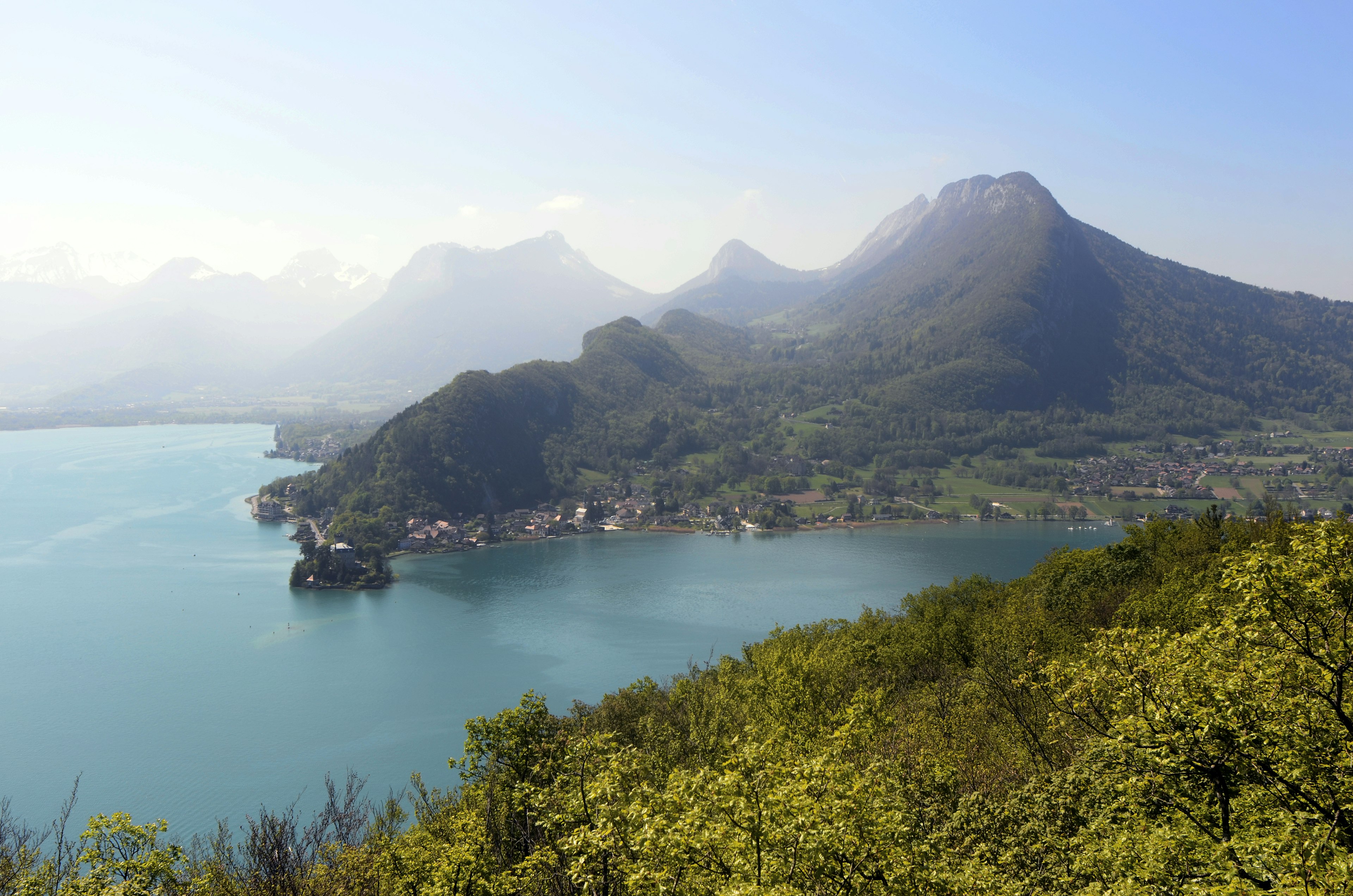 Annecy lake and mountains from Roc de Chere, France.