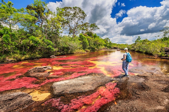 A hiker stops by the Cano Cristales (River of five colors), La Macarena, Meta, Colombia