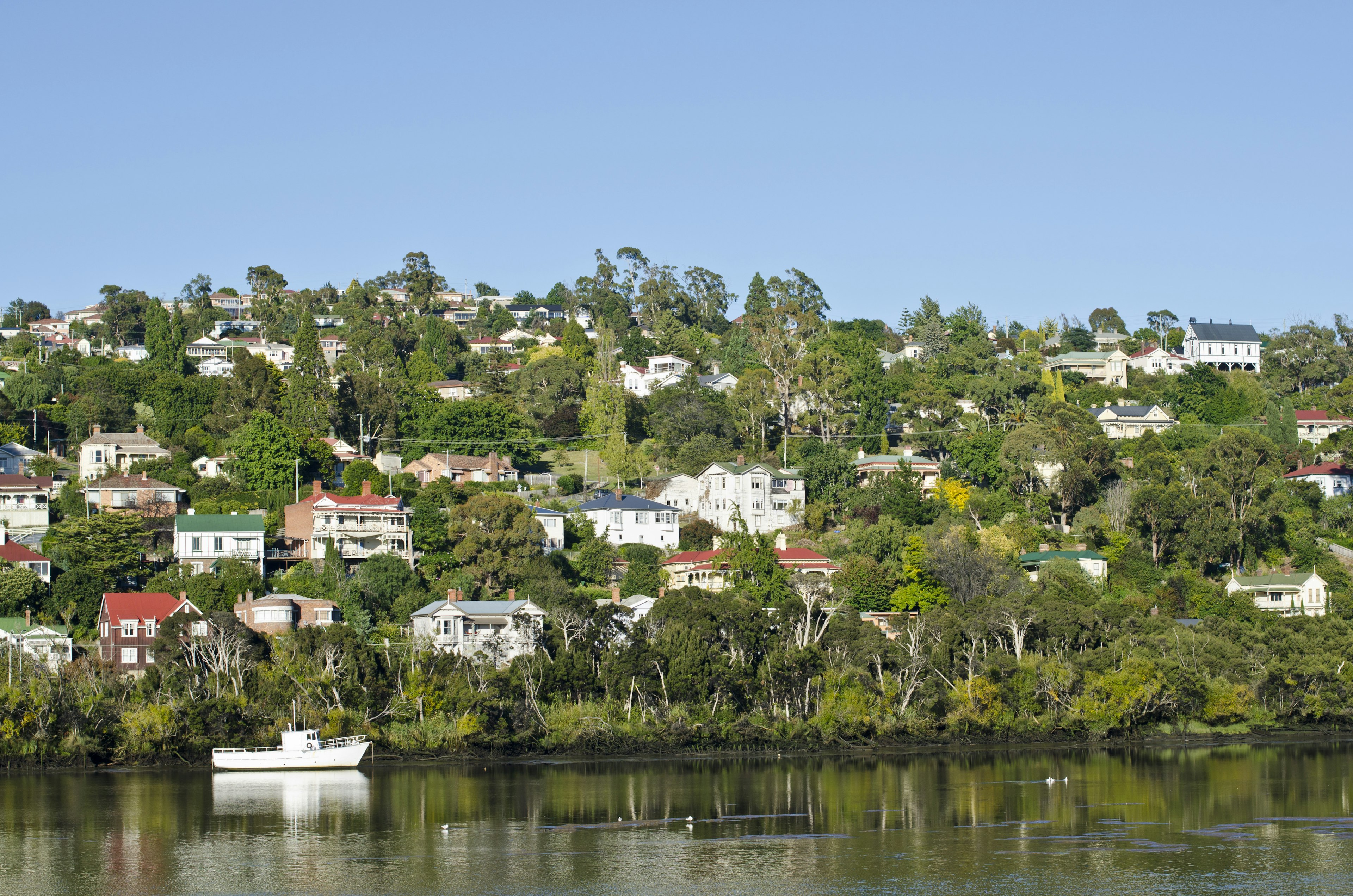 Houses on the hillside overlooking the Tamer River in Trevallyn, Launceston, Tasmania