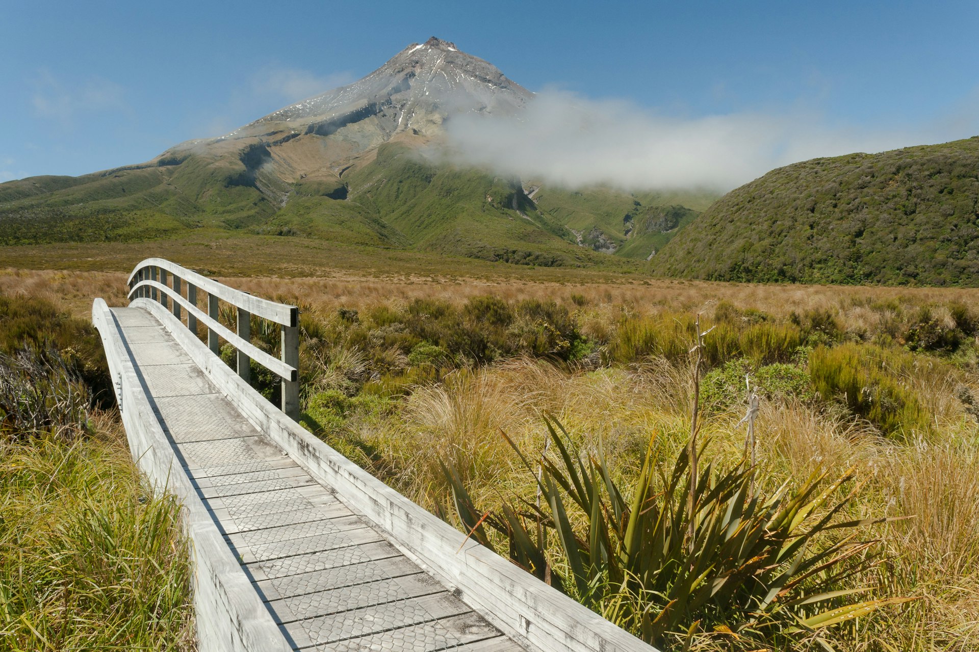 A wooden bridge at Ahukawakawa swamp with a cloud-covered mountain beyond.