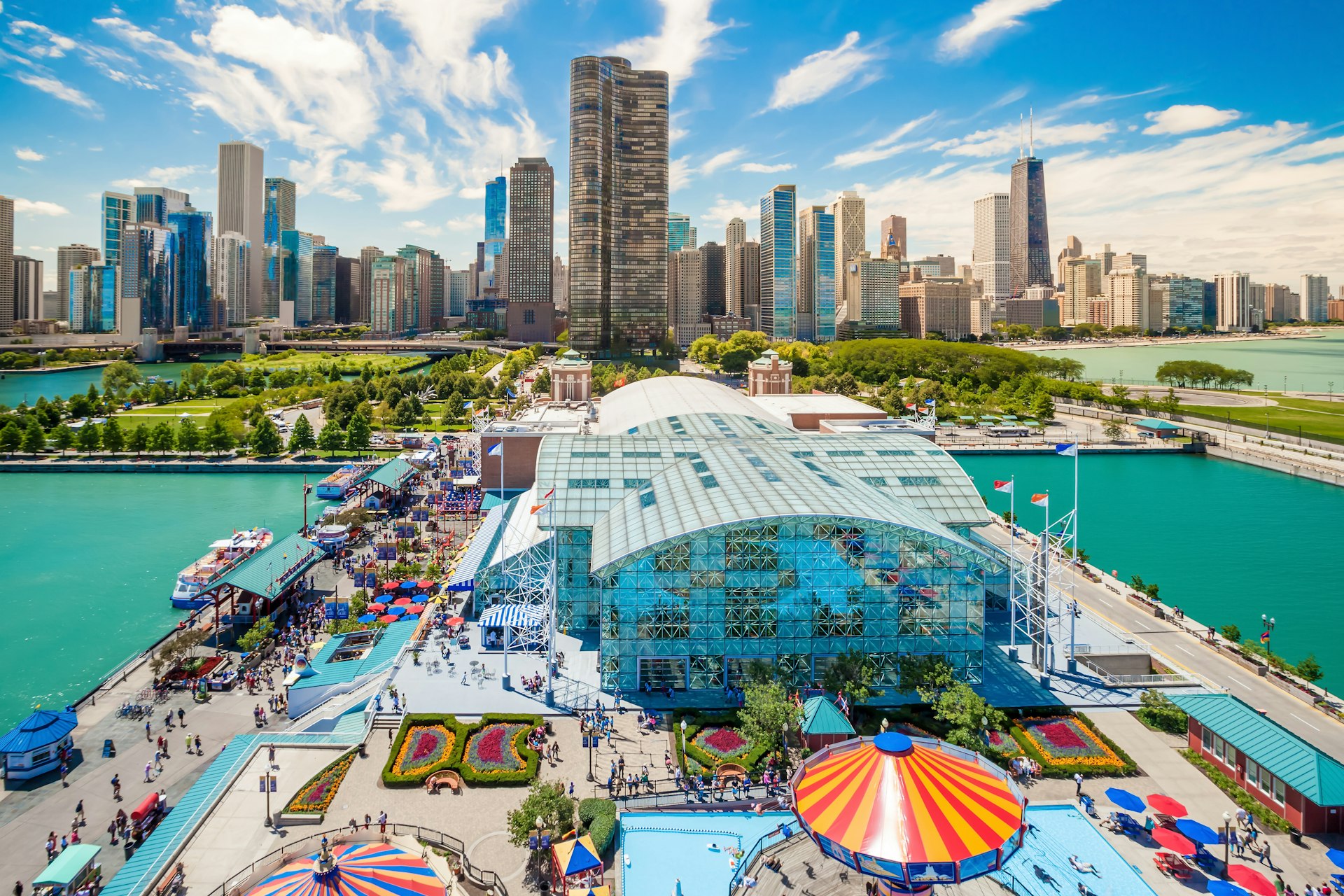 View from the Navy Pier ferris wheel towards central Chicago in the sunshine.