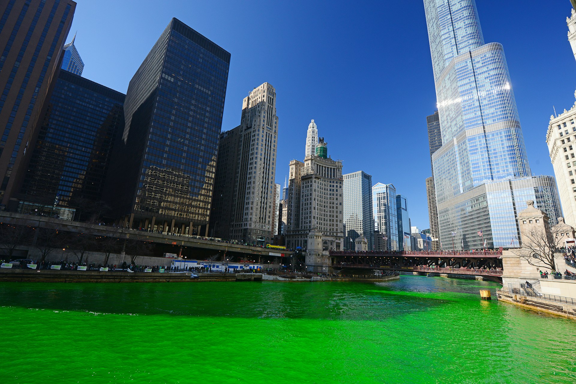 The Chicago River dyed green for St Patrick's Day. 