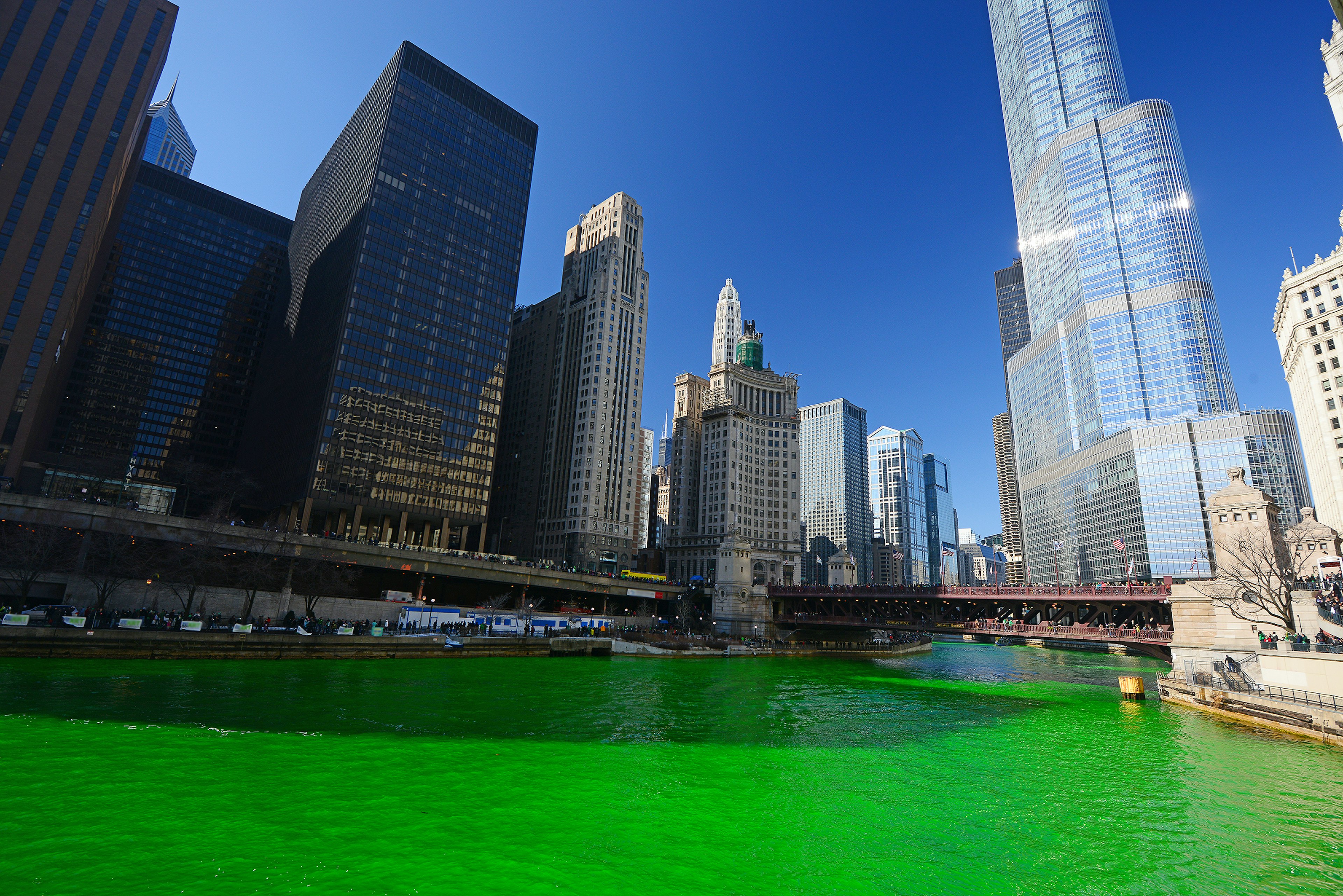 The Chicago River dyed green for St Patrick's Day.