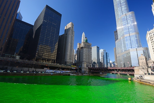 The Chicago River dyed green for St Patrick's Day.