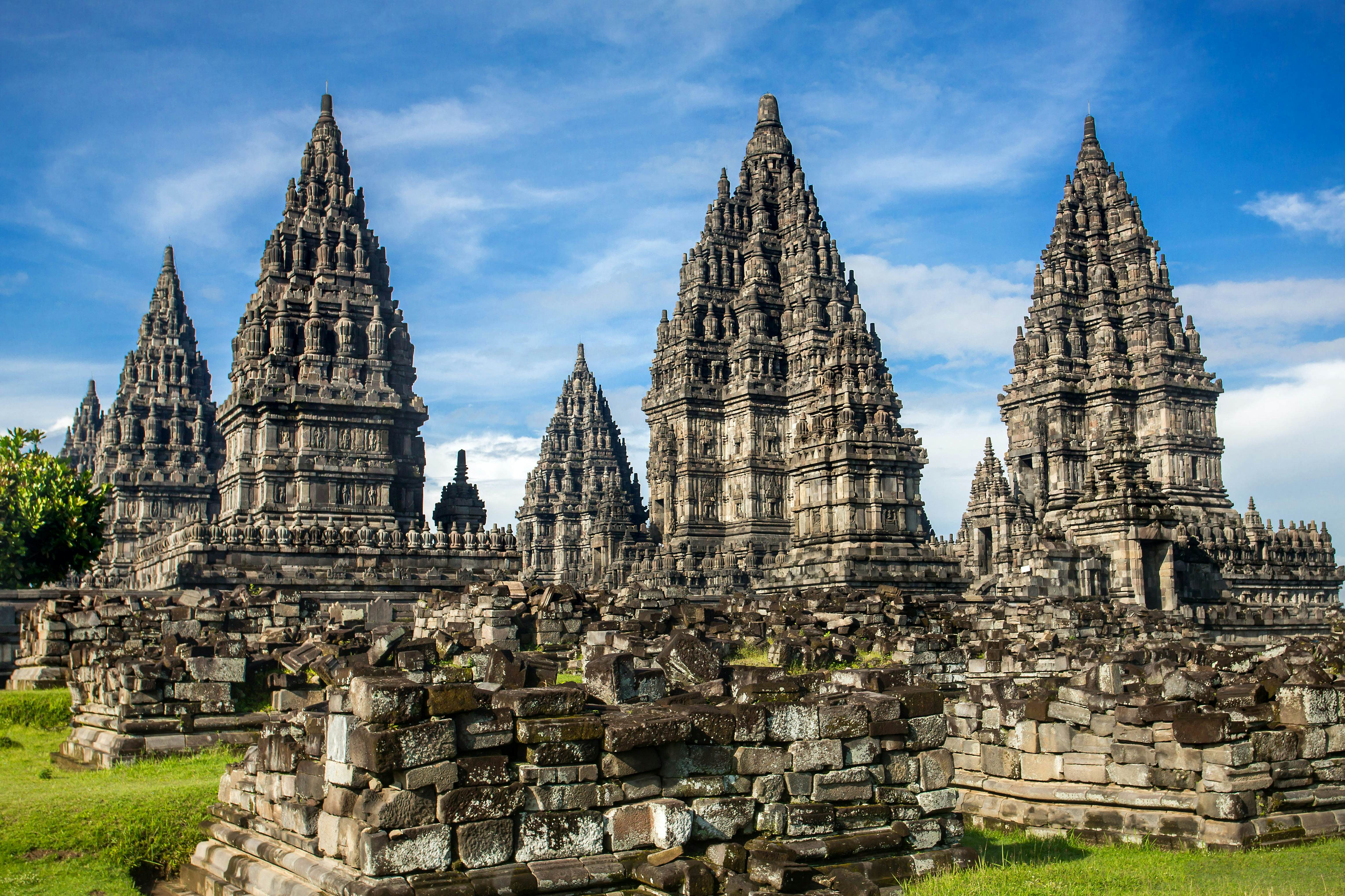 The tall carved spires of the Prambanan temples near Yogyakarta on Java island.