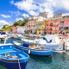 Colourful fishing boats, sitting side by side, bob in the marina in the foreground, while the vibrant pink and yellow buildings stand in the background.