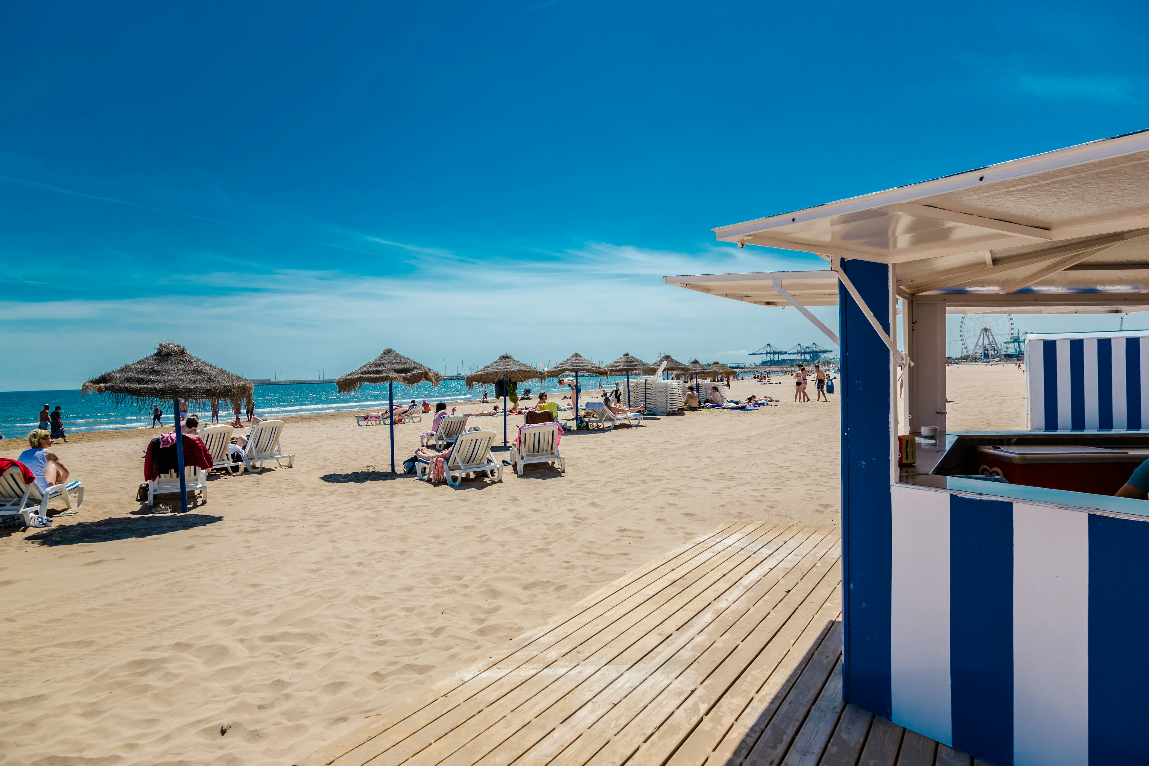 cabanas and umbrellas on Las Arenas beach, Valencia, Spain